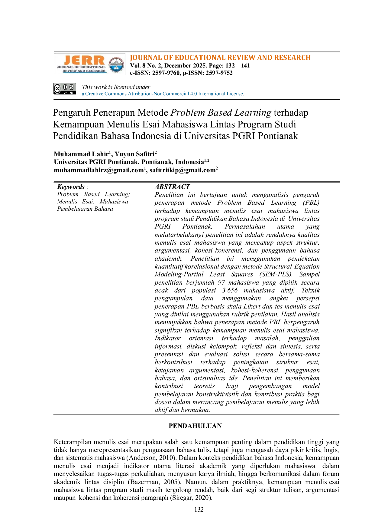 JURIS Pengaruh Penerapan Metode Problem Based Learning Terhadap Kemampuan Menulis Esai Mahasiswa Lintas Program Studi Pendidikan Bahasa Indonesia Di Universitas PGRI Pontianak