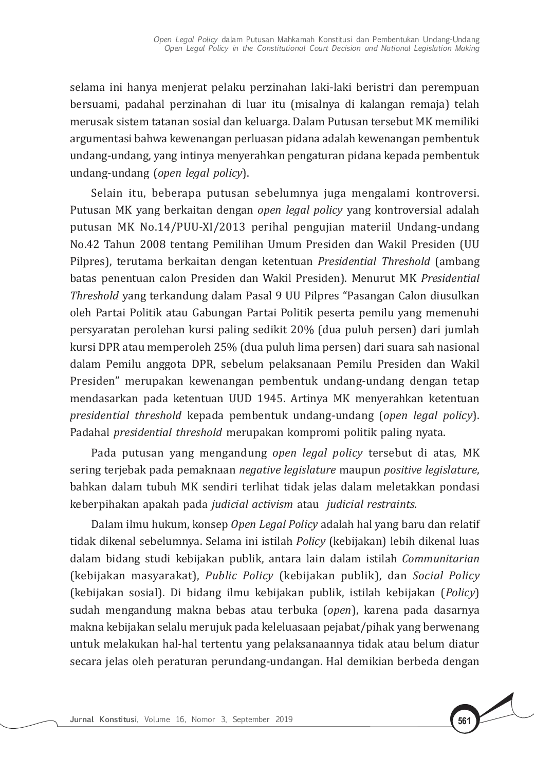 JURIS Open Legal Policy dalam Putusan Mahkamah Konstitusi dan Pembentukan Undang Undang