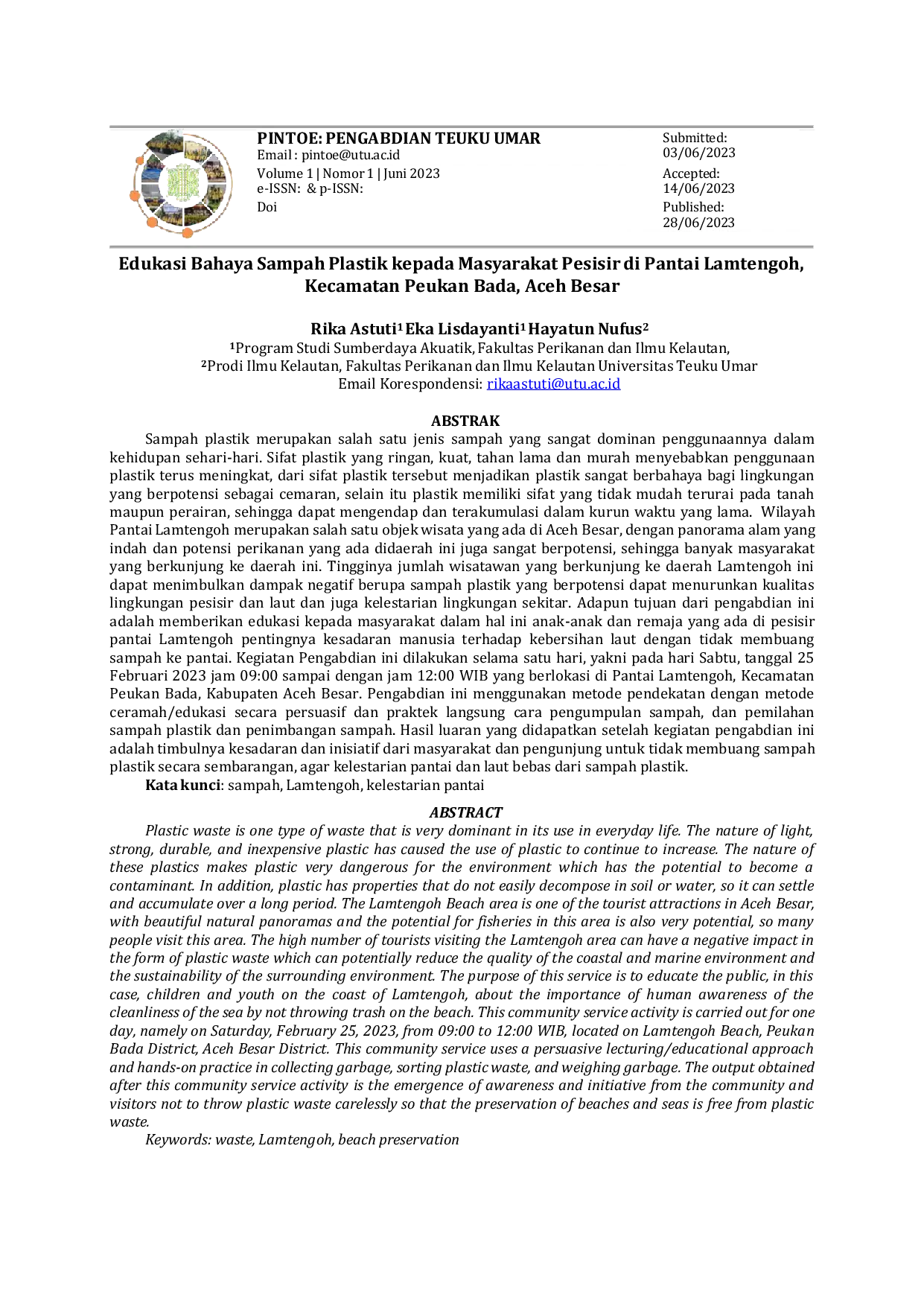 JURIS Edukasi Bahaya Sampah Plastik kepada Masyarakat Pesisir di Pantai Lamtengoh Kecamatan Peukan Bada Aceh Besar