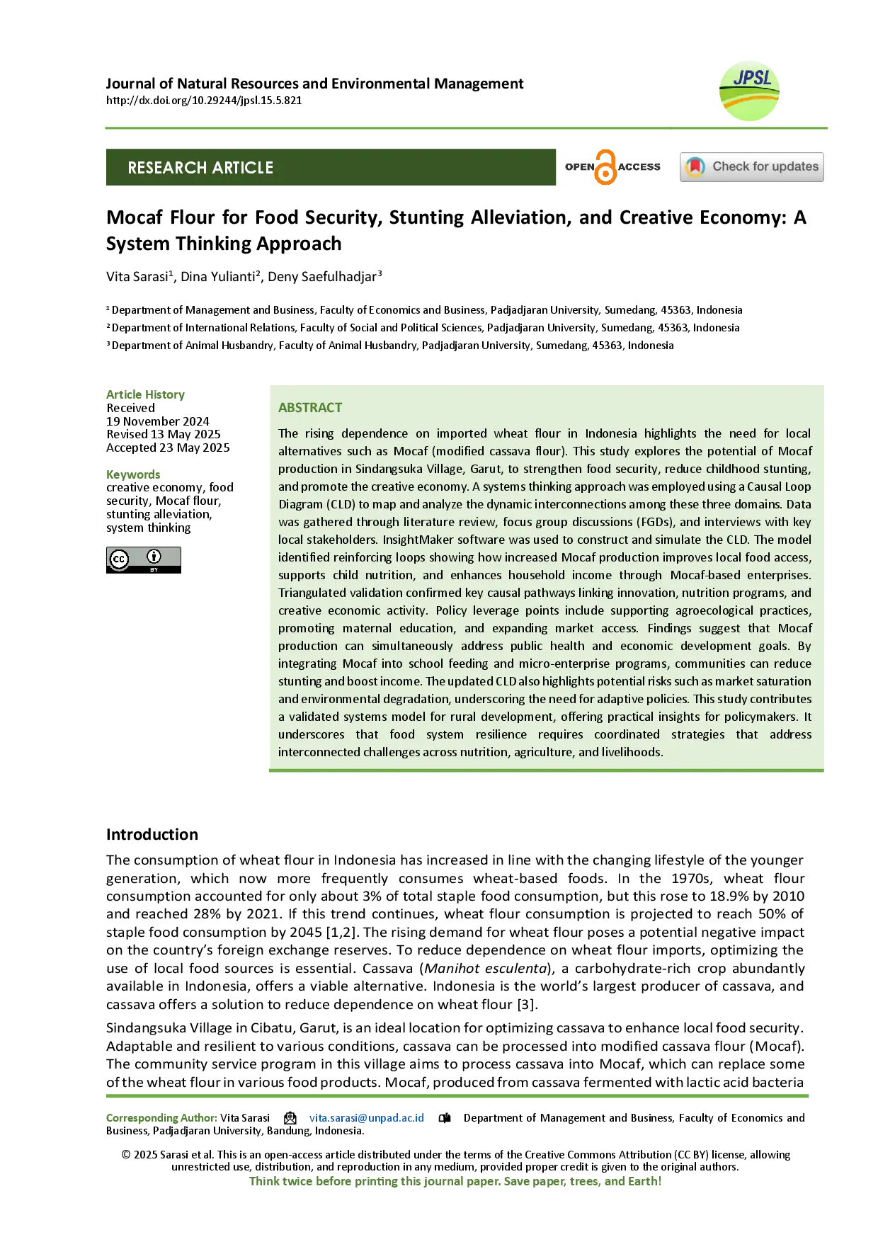 juris Mocaf Flour for Food Security Stunting Alleviation and Creative Economy ASystem Thinking Approach