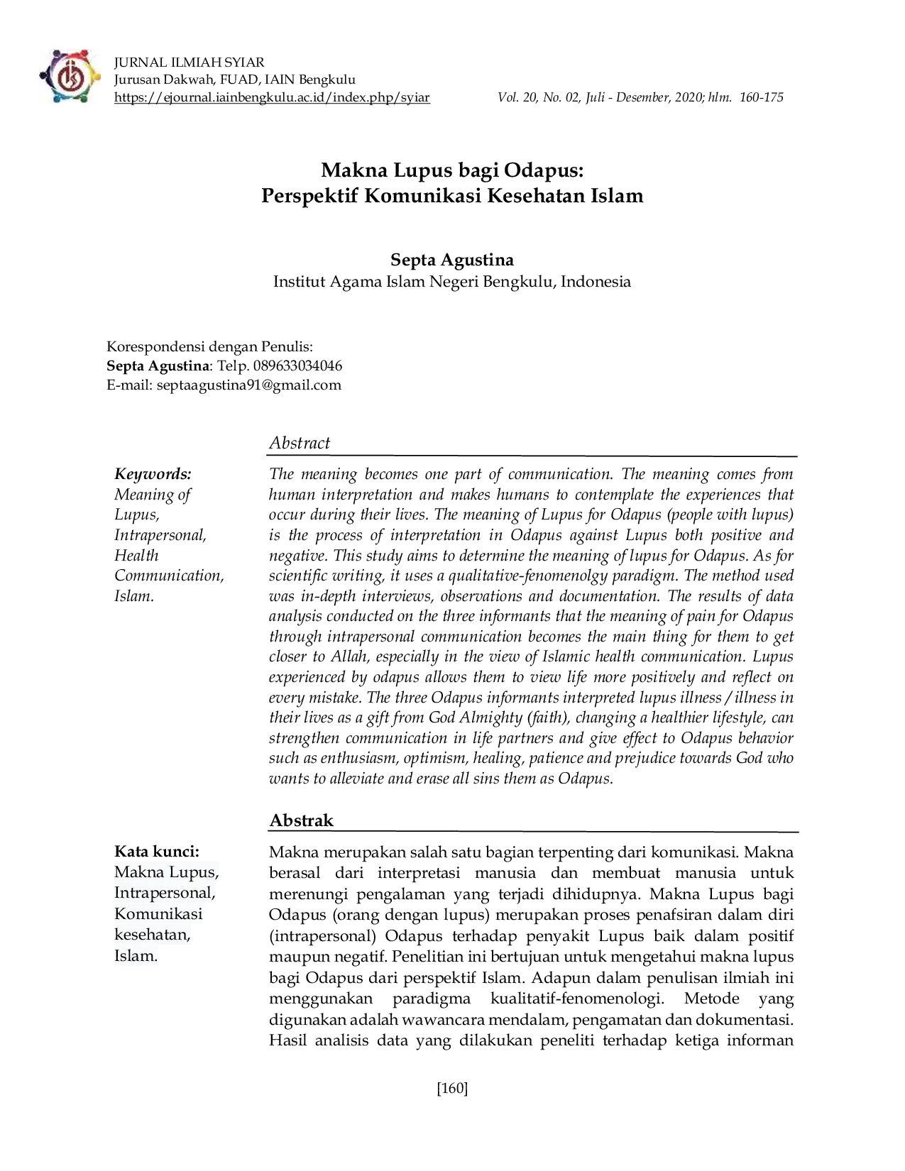 JURIS Makna Lupus Bagi Odapus Perspektif Komunikasi Kesehatan Islam