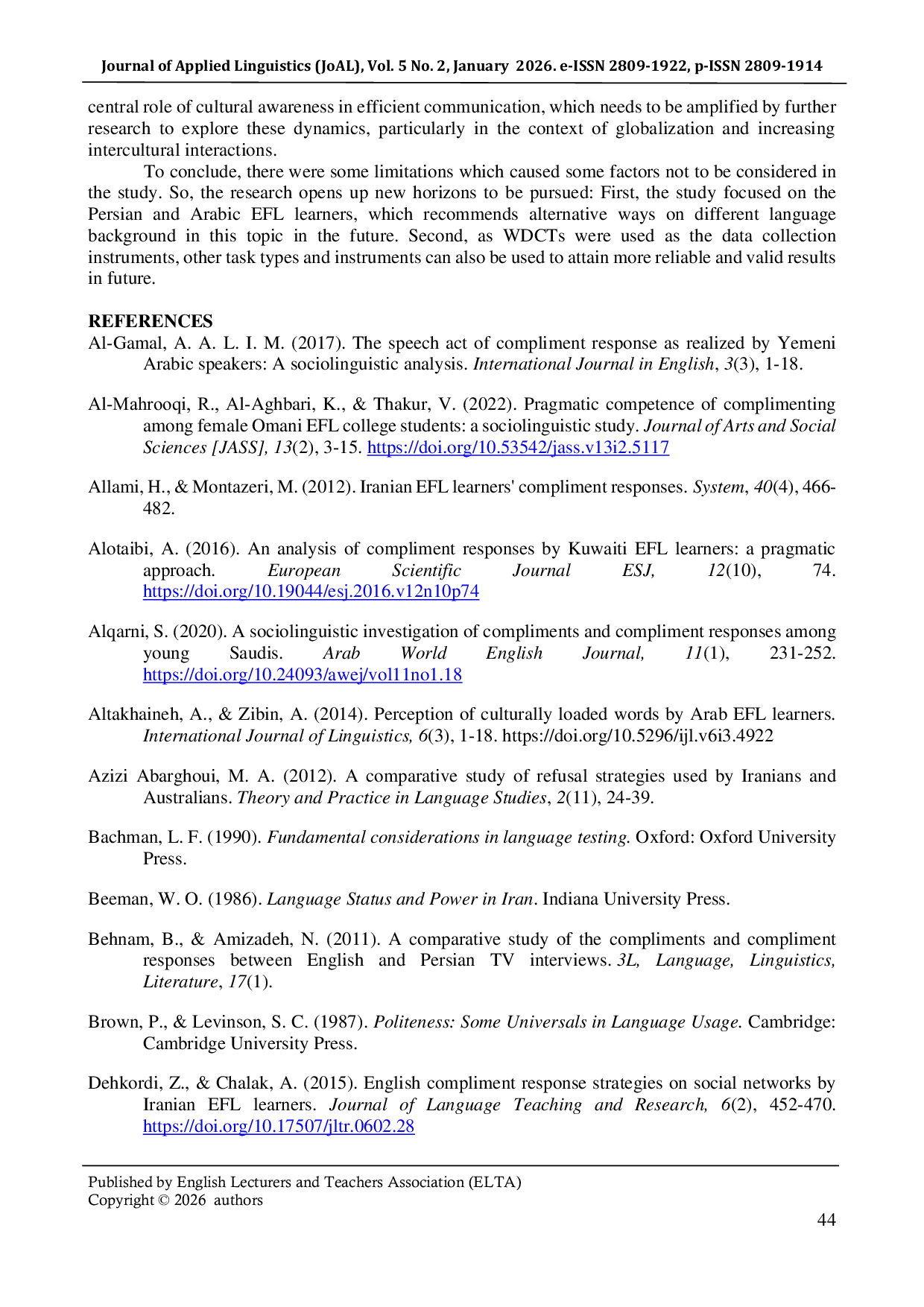 JURIS An Investigation of the Compliment Responses in Cross Cultural Communication between Persian and Arabic Native Speakers as EFL Learners