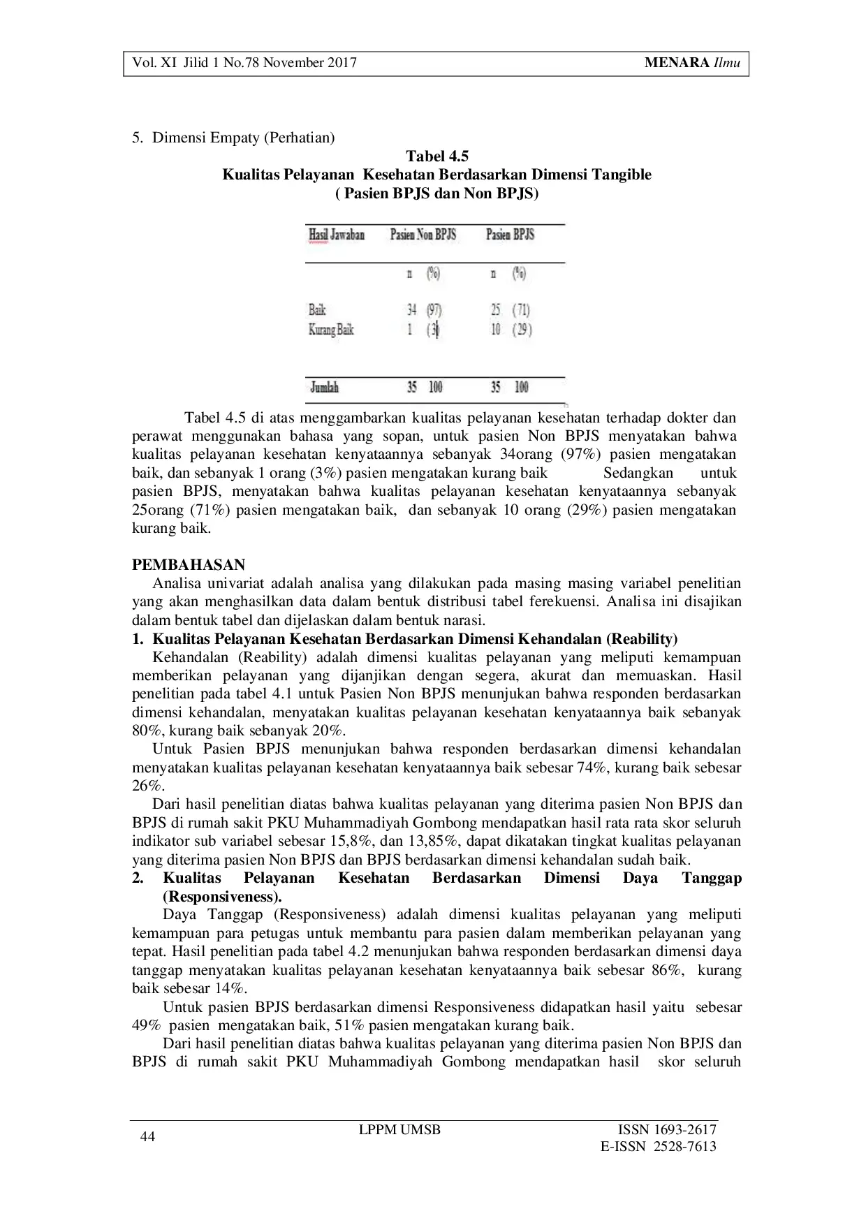 JURIS Kualitas Pelayanan Yang Diterima Pasien BPJS Dan Non BPJS Di Poliklinik Rawat Jalan Rumah Sakit PKU Muhammadiyah Gombong Tahun 2017