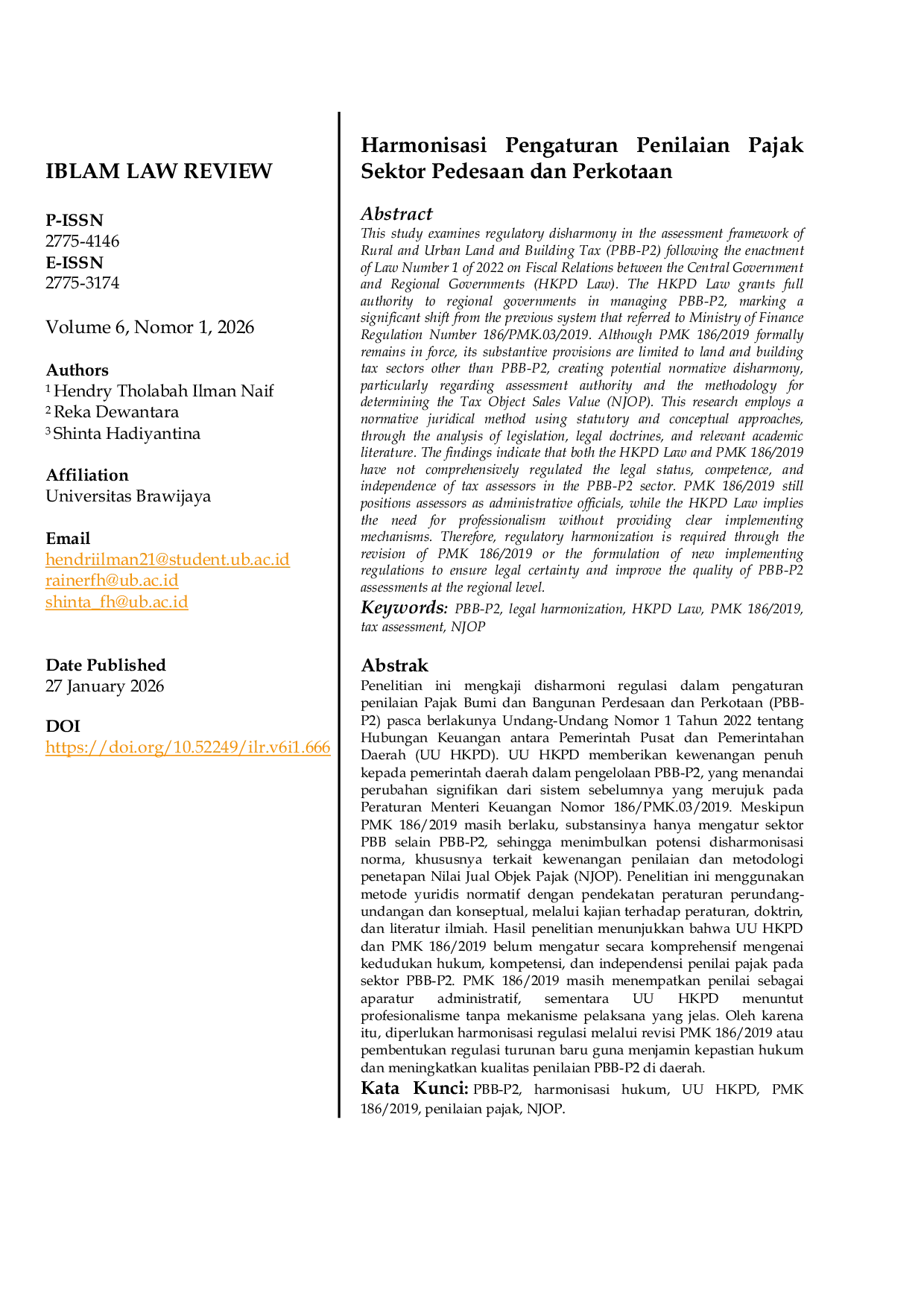 JURIS Harmonisasi Pengaturan Penilaian Pajak Sektor Pedesaan dan Perkotaan