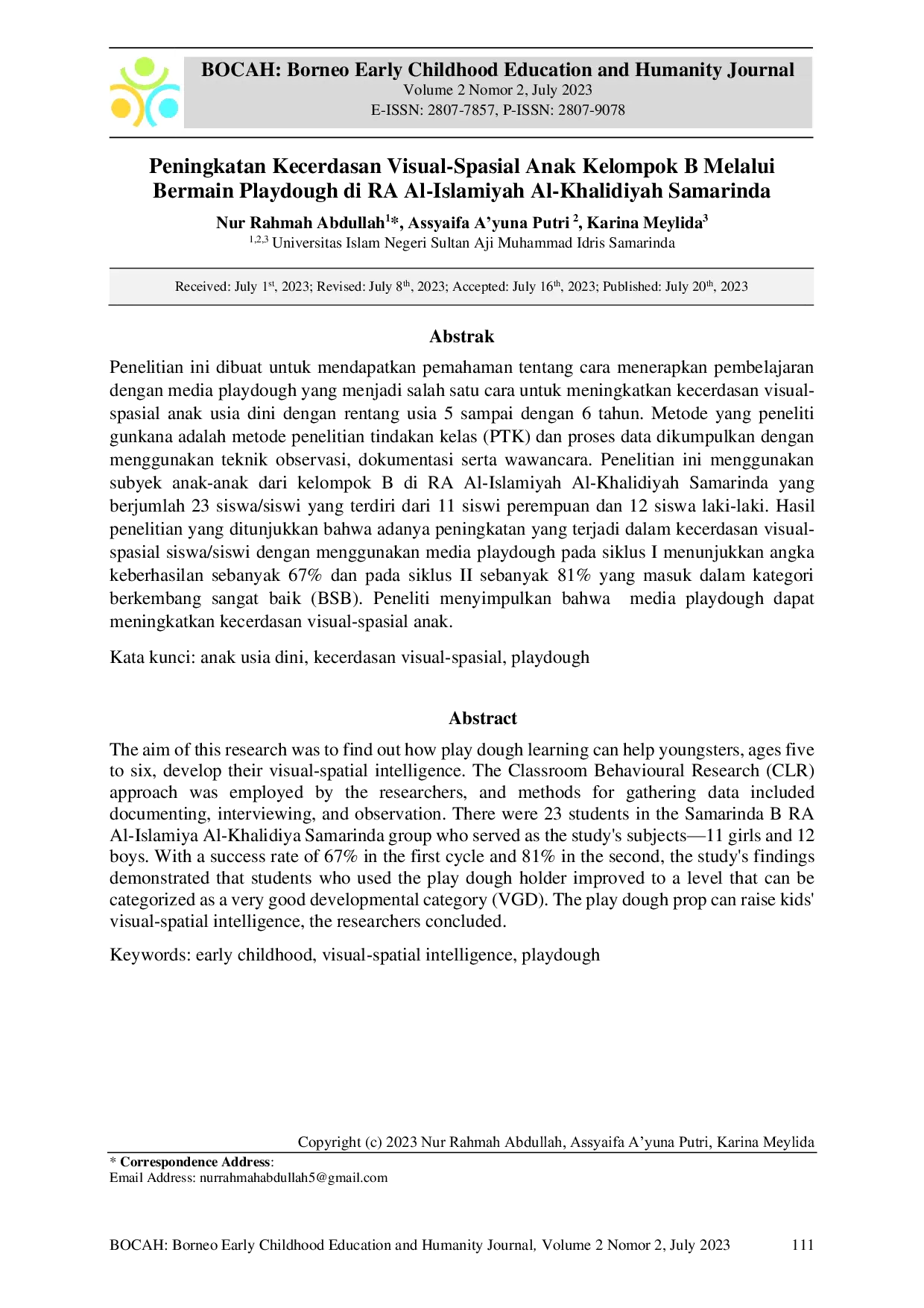 JURIS Peningkatan Kecerdasan Visual Spasial Anak Kelompok B Melalui Bermain Playdough di RA Al Islamiyah Al Khalidiyah Samarinda