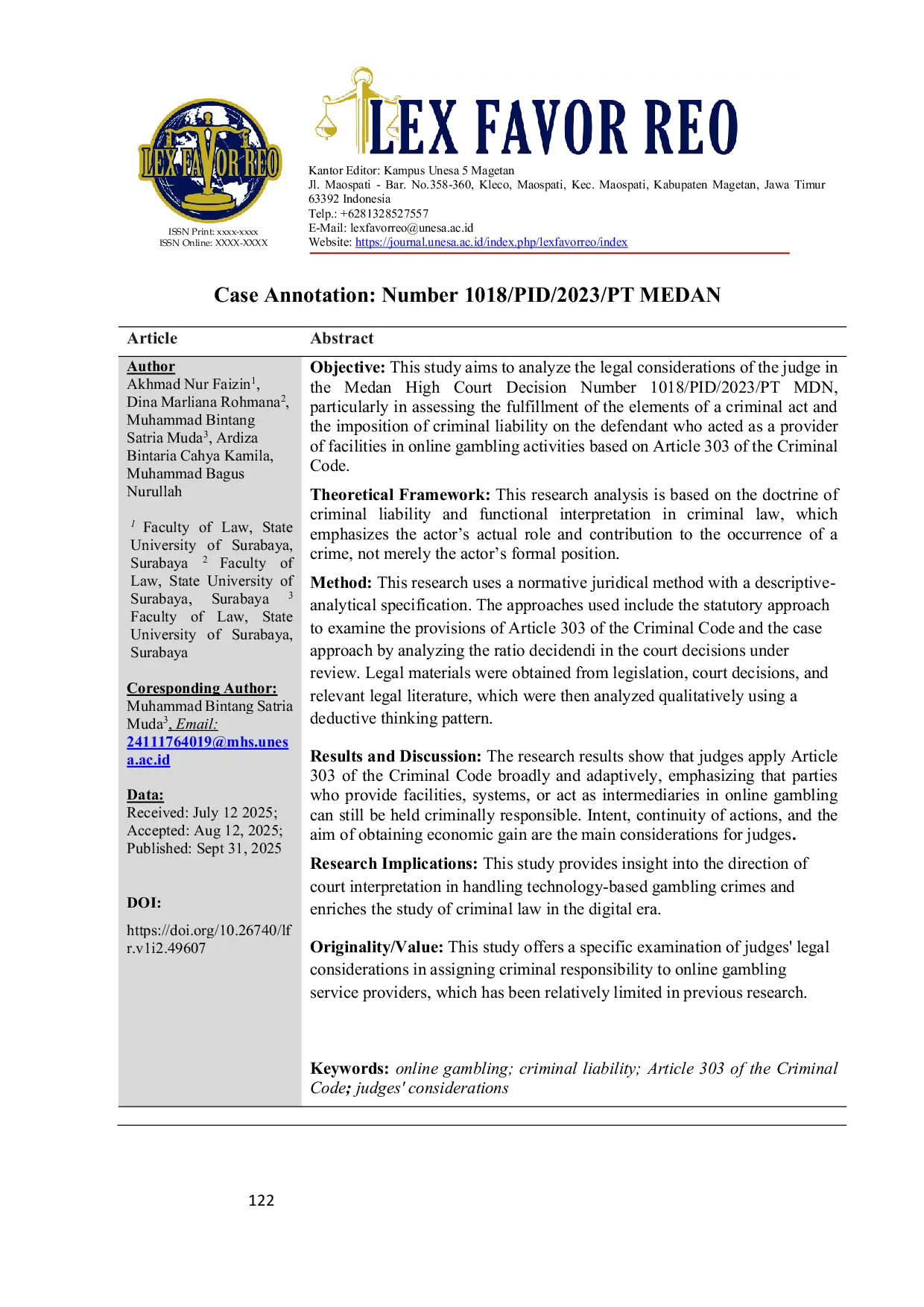 JURIS Annotation Number 1018 PID 2023 PT MEDAN