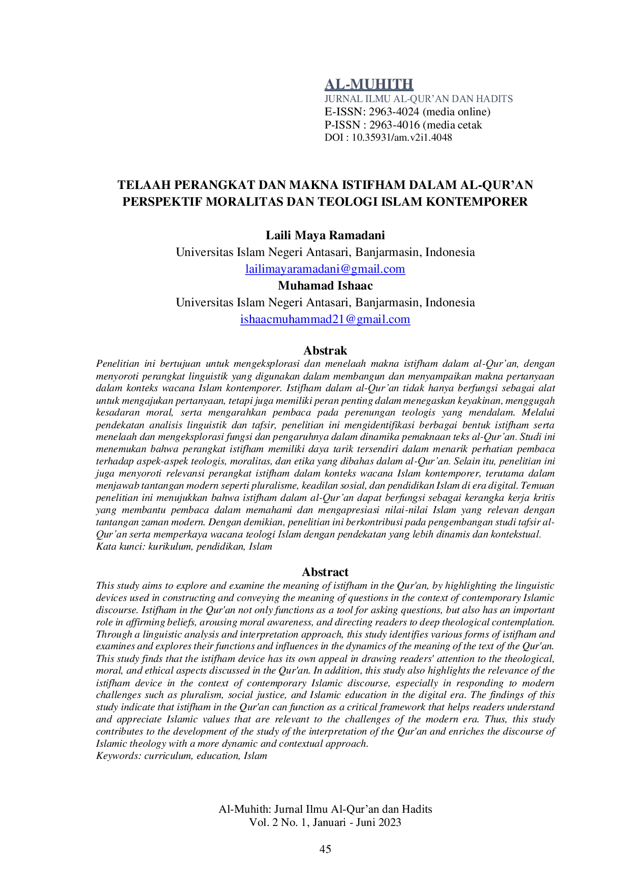 JURIS Telaah Perangkat dan Makna Istifham dalam Al Qur an Perspektif Moralitas dan Teologi Islam Kontemporer