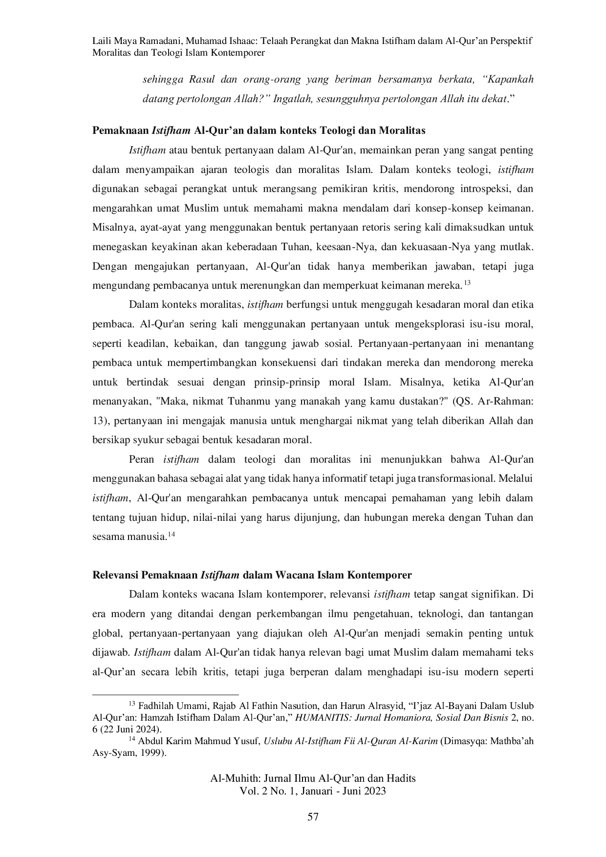 JURIS Telaah Perangkat dan Makna Istifham dalam Al Qur an Perspektif Moralitas dan Teologi Islam Kontemporer