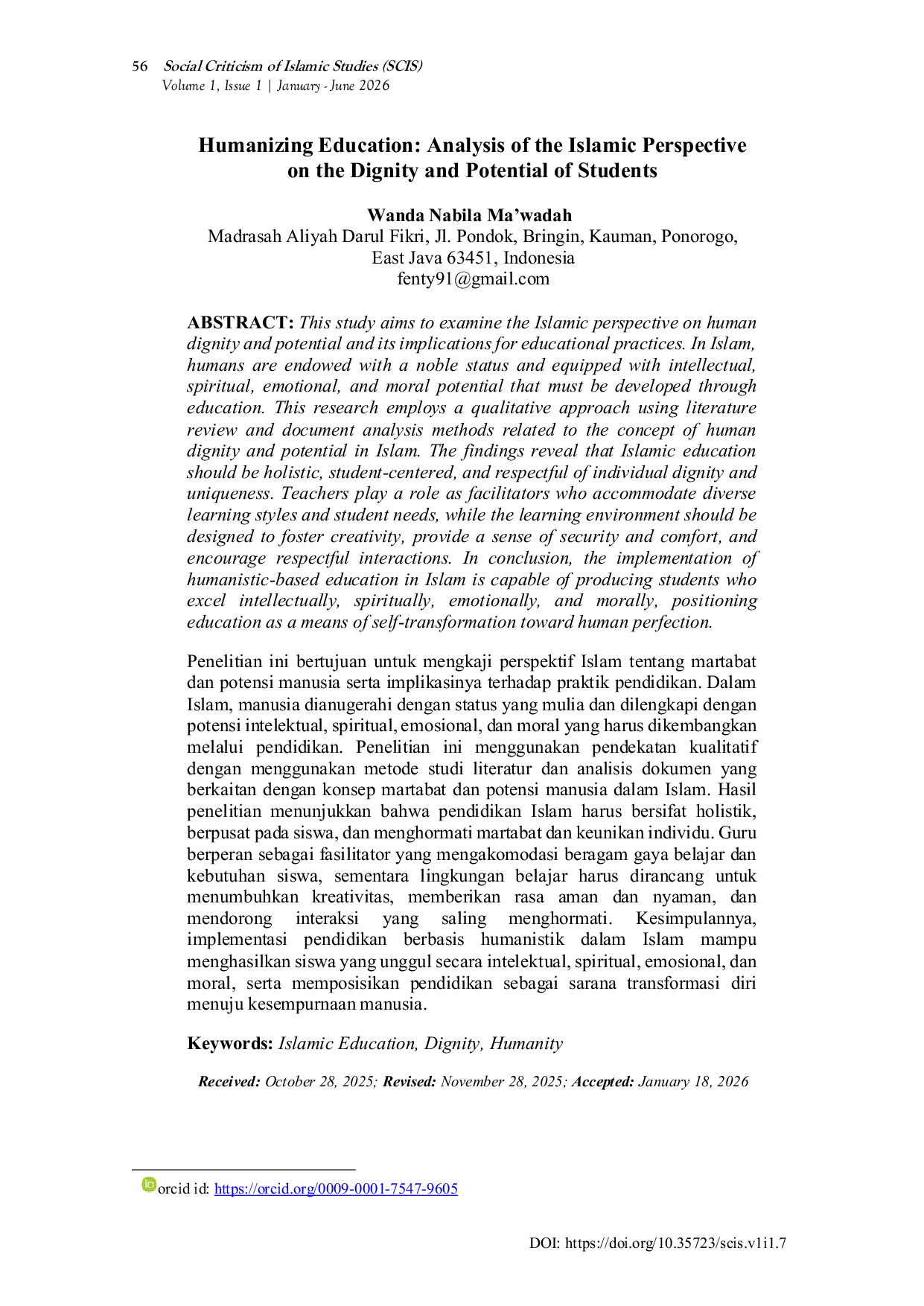 JURIS Humanizing Education Analysis of the Islamic Perspective on the Dignity and Potential of Students