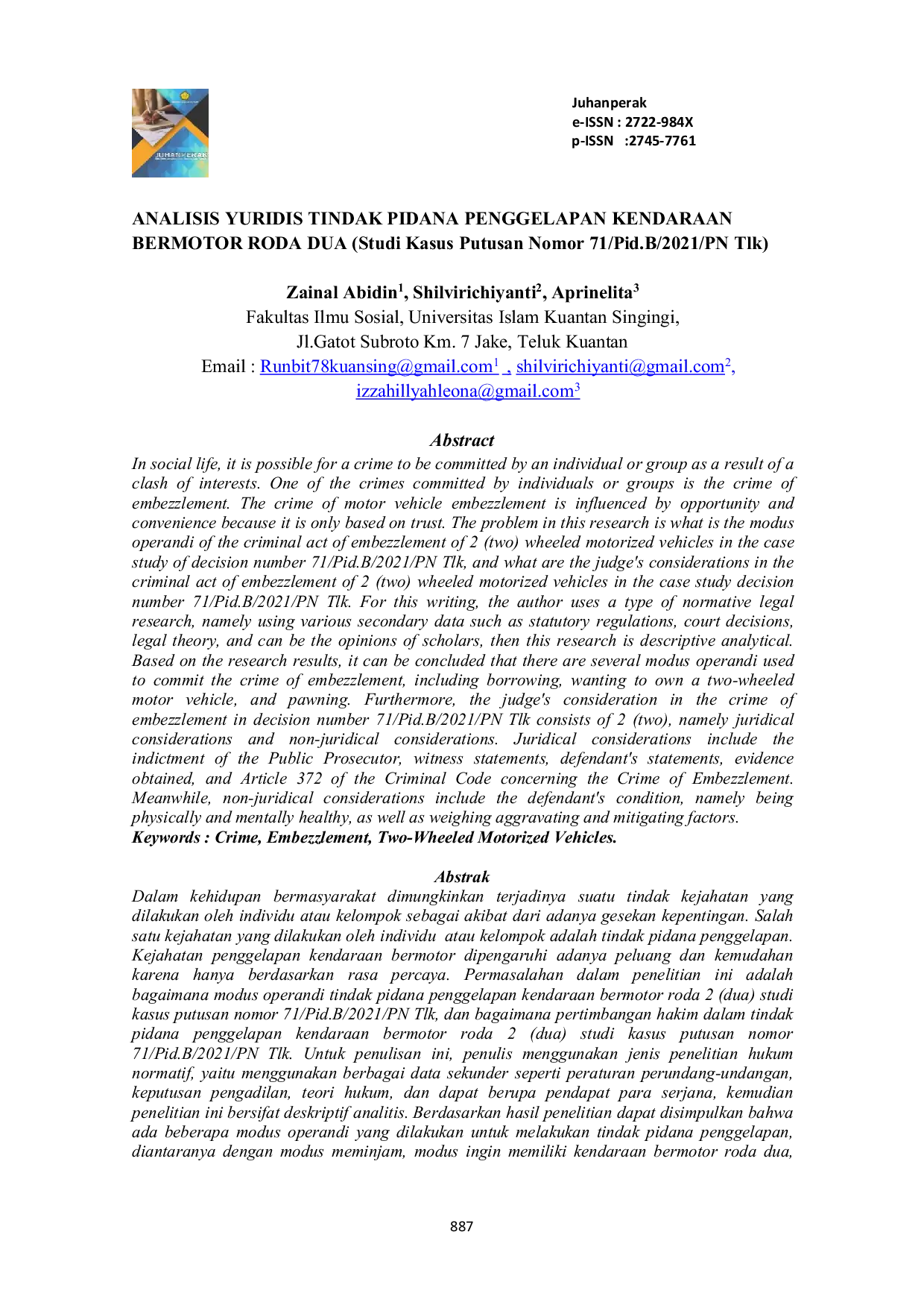 JURIS ANALISIS YURIDIS TINDAK PIDANA PENGGELAPAN KENDARAAN BERMOTOR RODA DUA Studi Kasus Putusan Nomor 71 Pid B 2021 PN Tlk