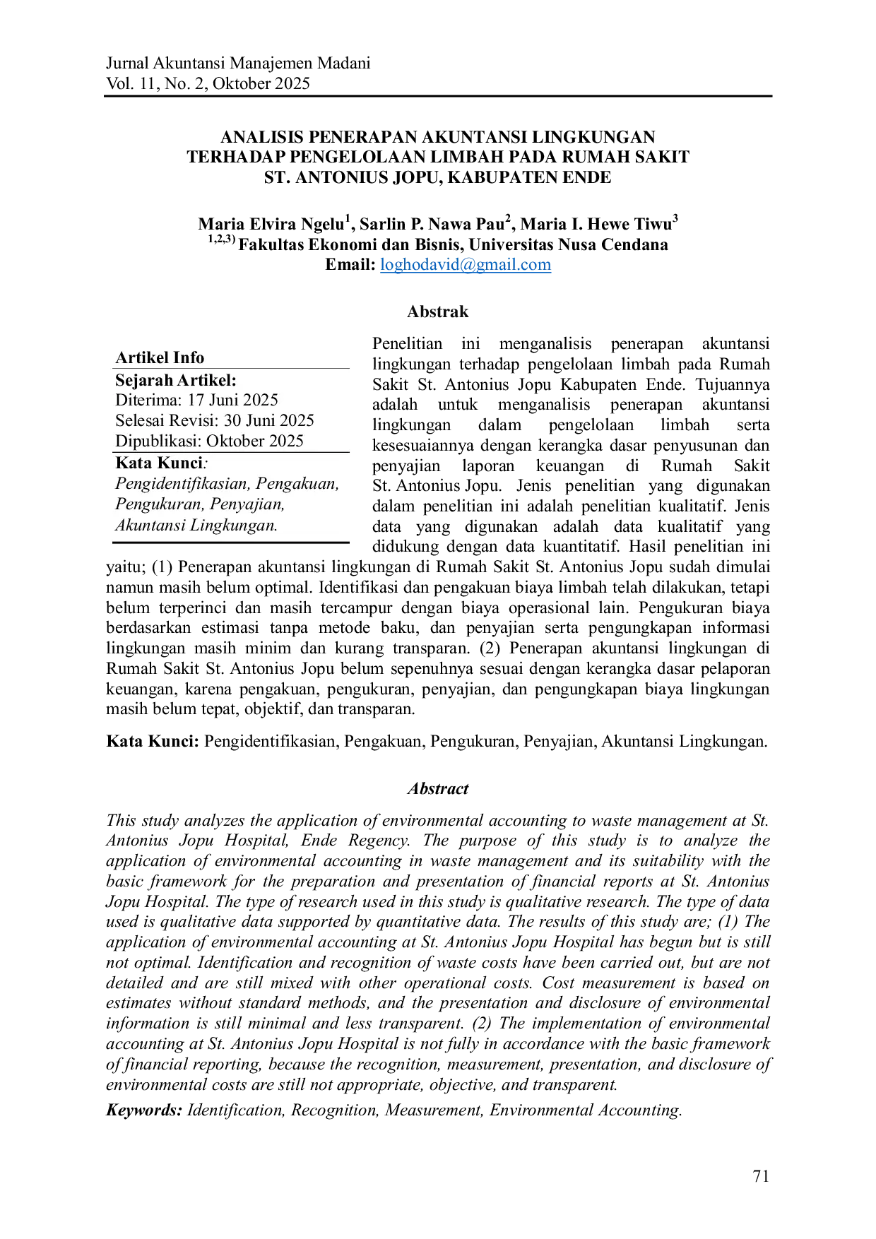 JURIS Analisis Penerapan Akuntansi Lingkungan Terhadap Pengelolaan Limbah Pada Rumah Sakit St Antonius Jopu Kabupaten Ende