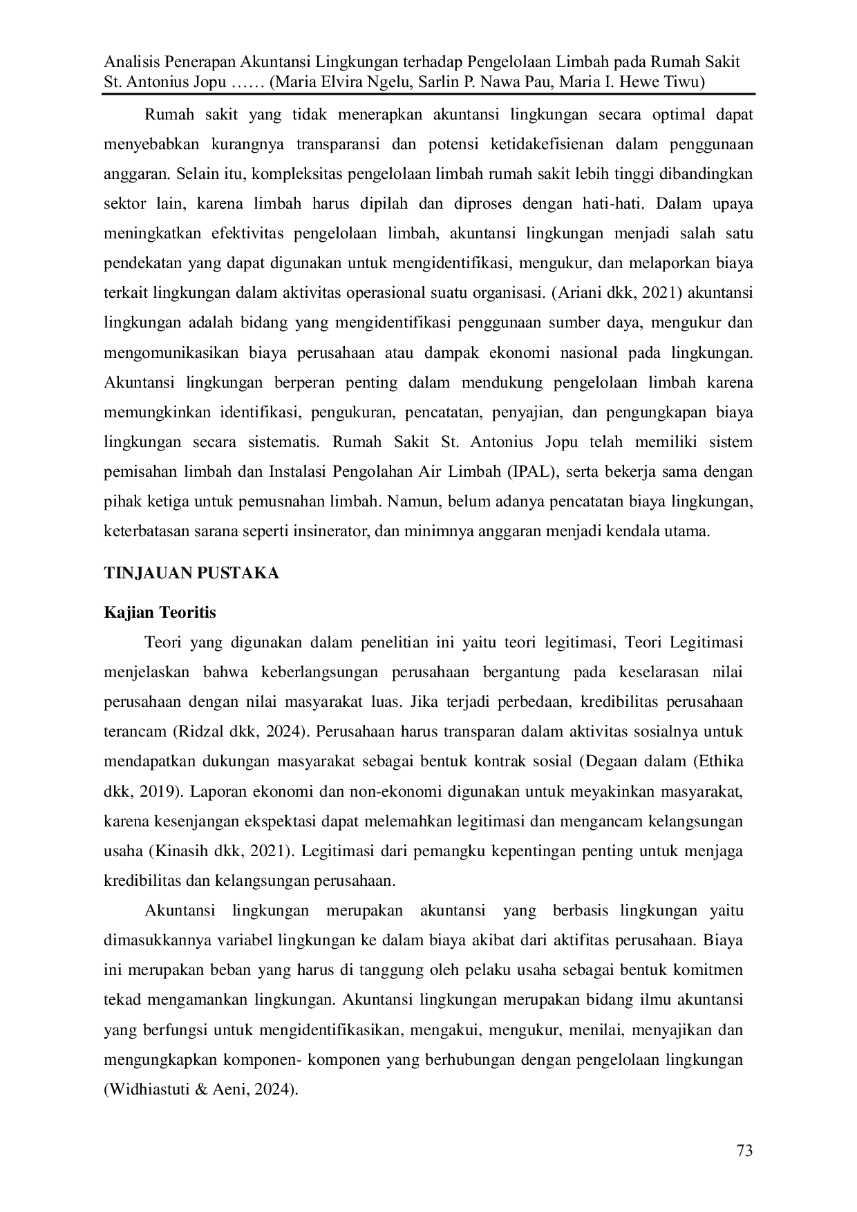 JURIS Analisis Penerapan Akuntansi Lingkungan Terhadap Pengelolaan Limbah Pada Rumah Sakit St Antonius Jopu Kabupaten Ende