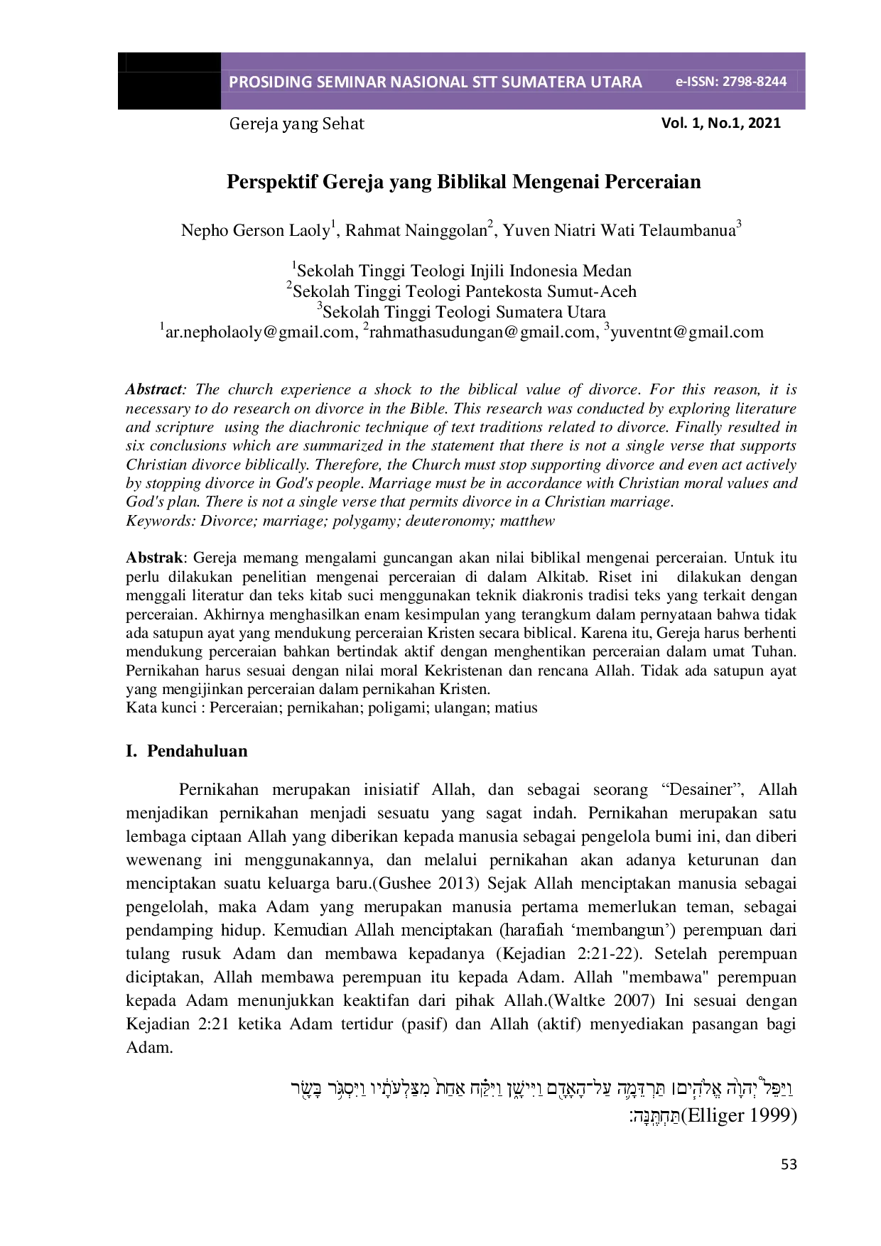 juris Perspektif Gereja yang Biblikal Mengenai Perceraian