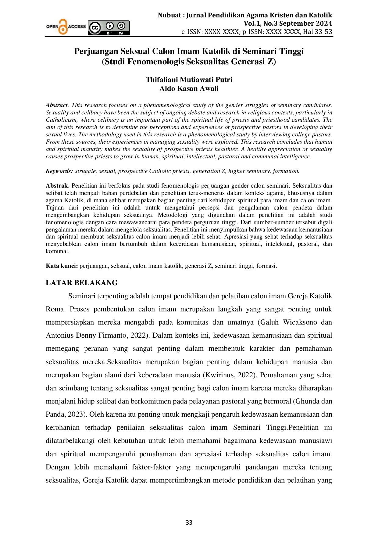 JURIS Perjuangan Seksual Calon Imam Katolik di Seminari Tinggi Studi Fenomenologis Seksualitas Generasi Z