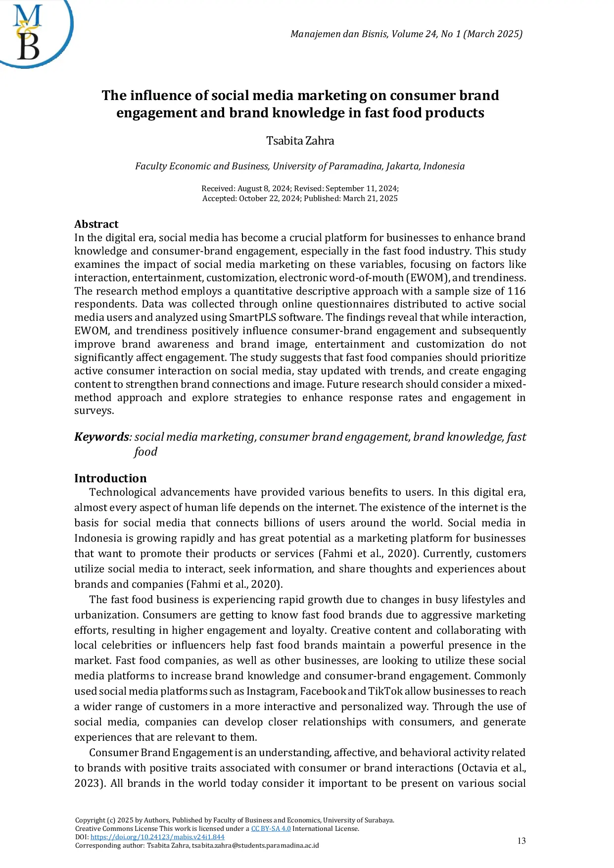 JURIS The Influence of Social Media Marketing on Consumer Brand Engagement and Brand Knowledge in Fast Food Products