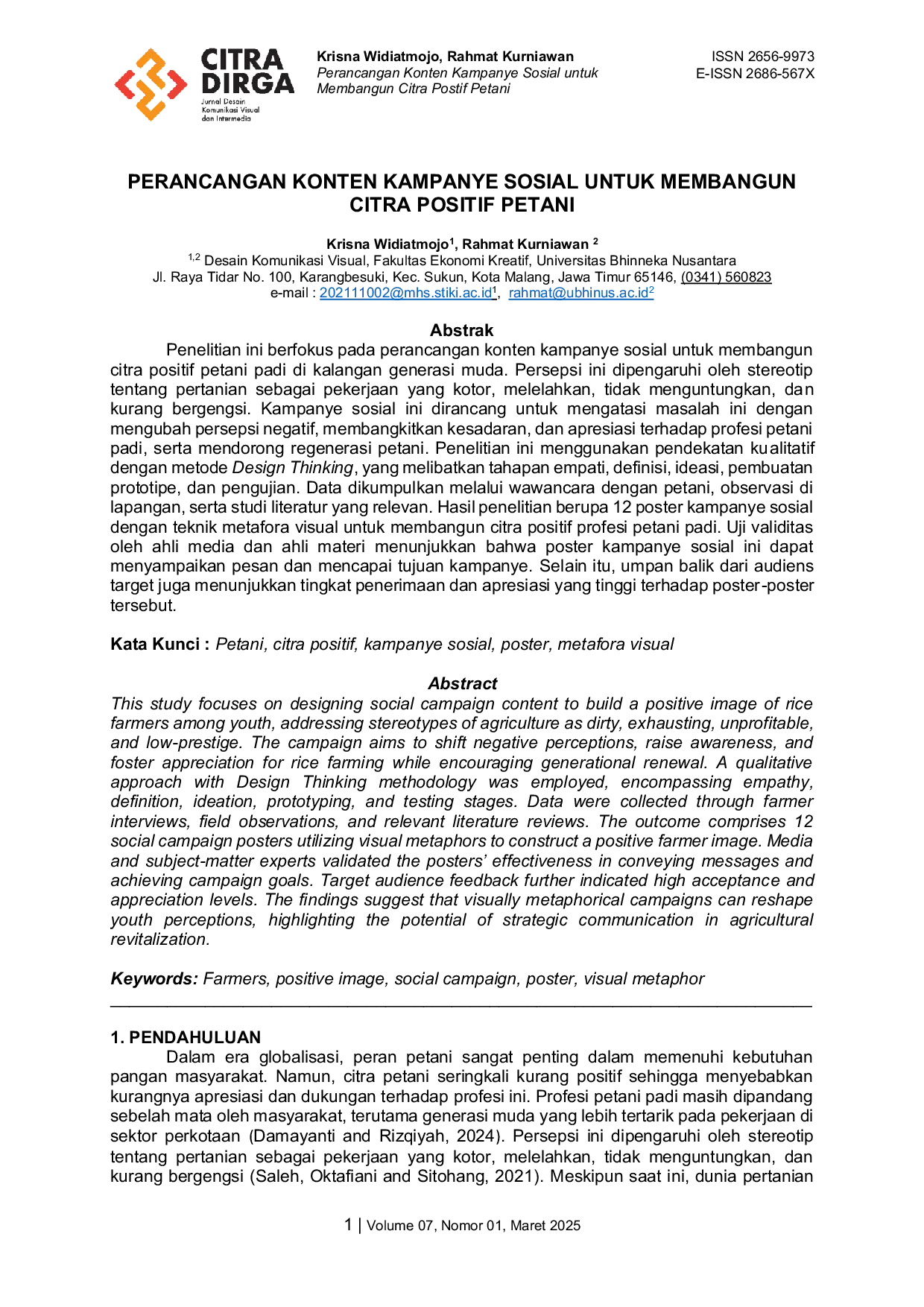 JURIS Perancangan Konten Kampanye Sosial untuk Membangun Citra Positif Petani
