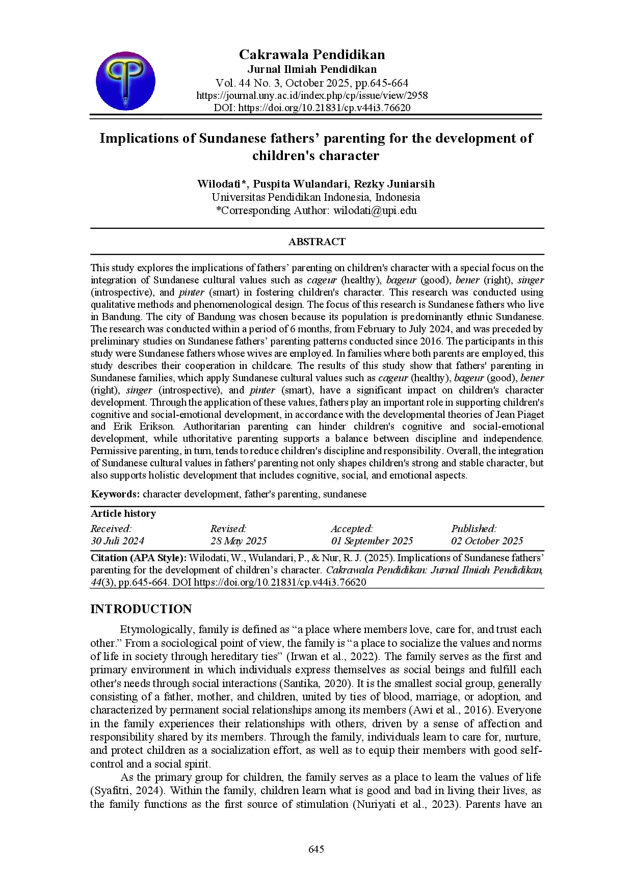 juris Implications of Sundanese fathers parenting for the development of children s character