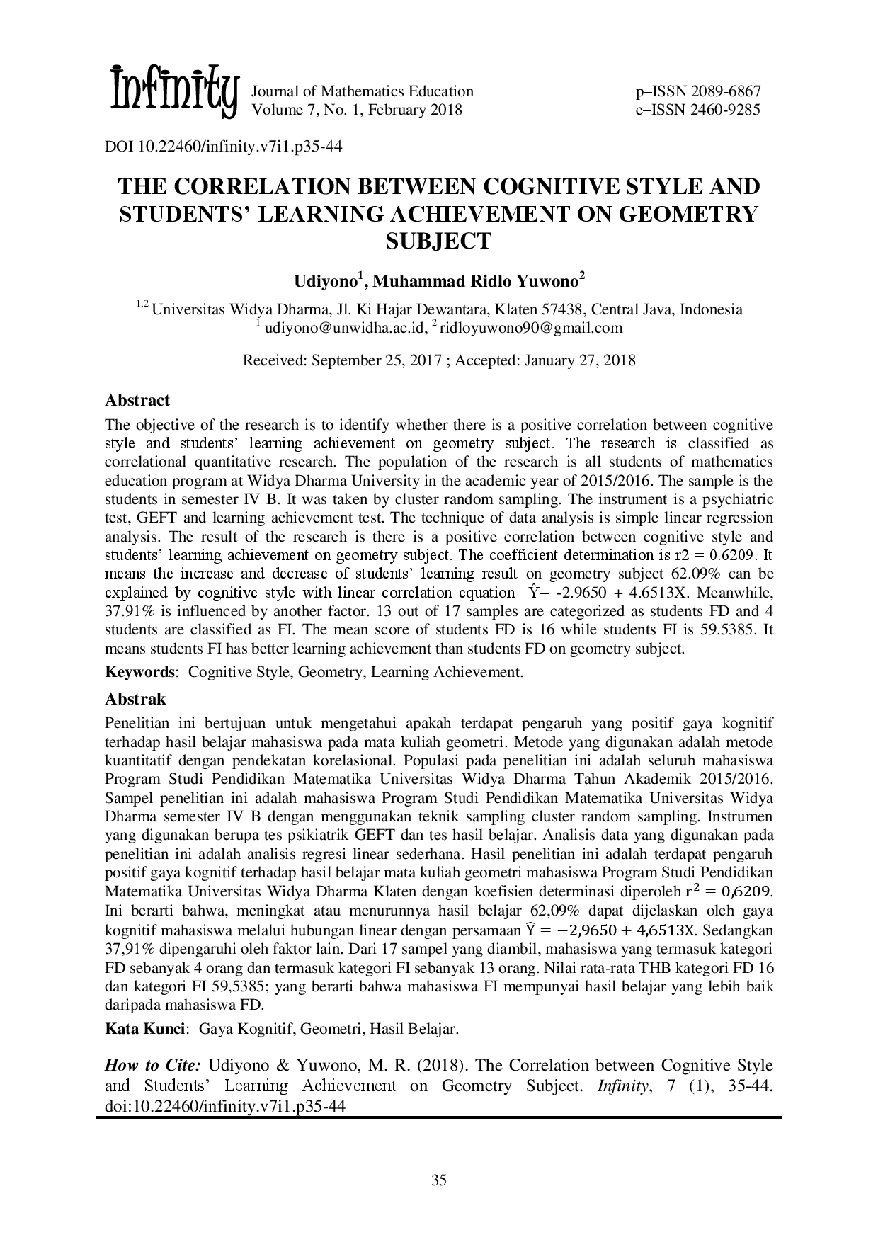 juris The Correlation Between Cognitive Style and Students Learning Achievement on Geometry Subject