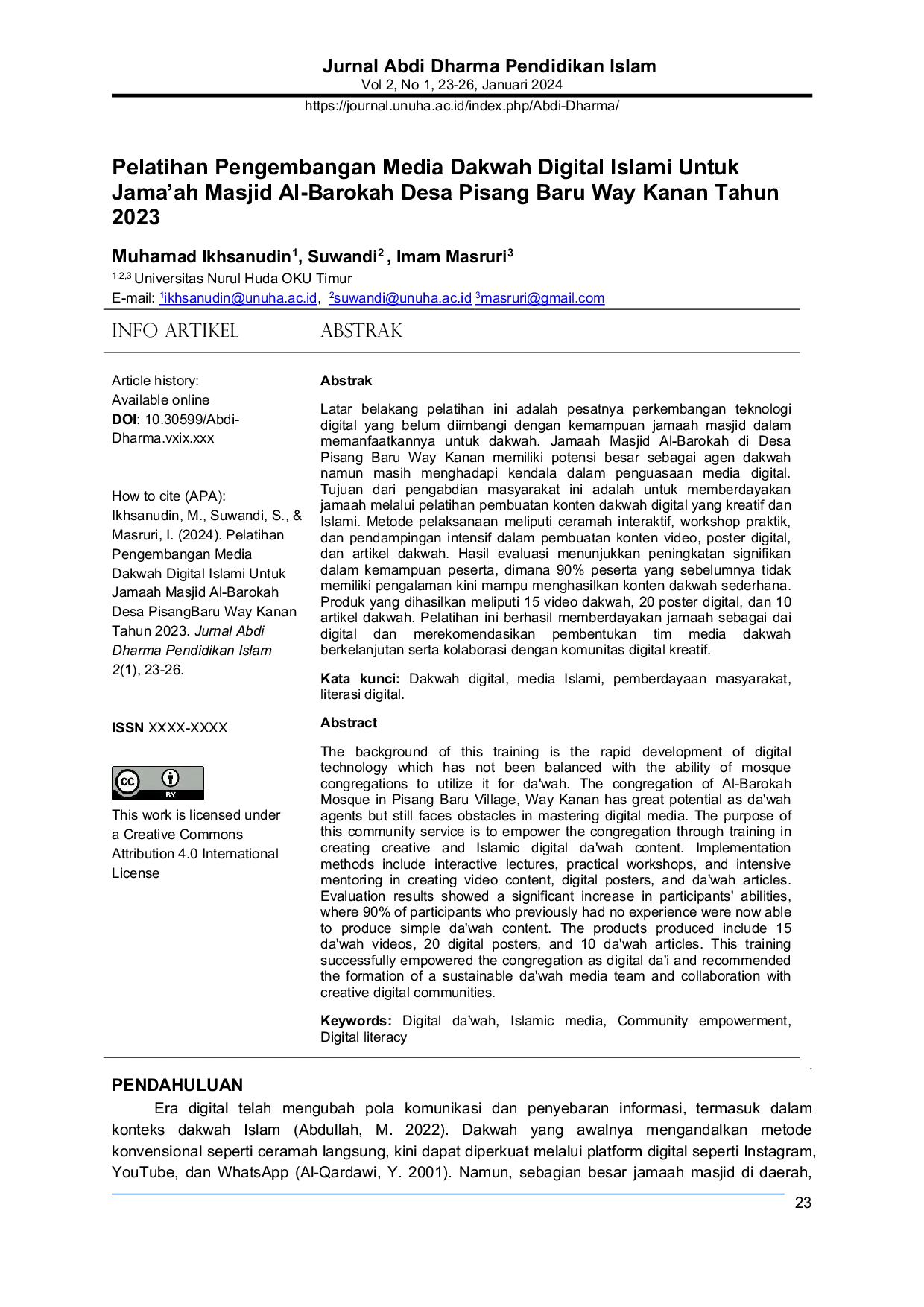 JURIS Training on Developing Islamic Digital Da wah Media for the Congregation of Al Barokah Mosque Pisang Baru Village Way Kanan 2023