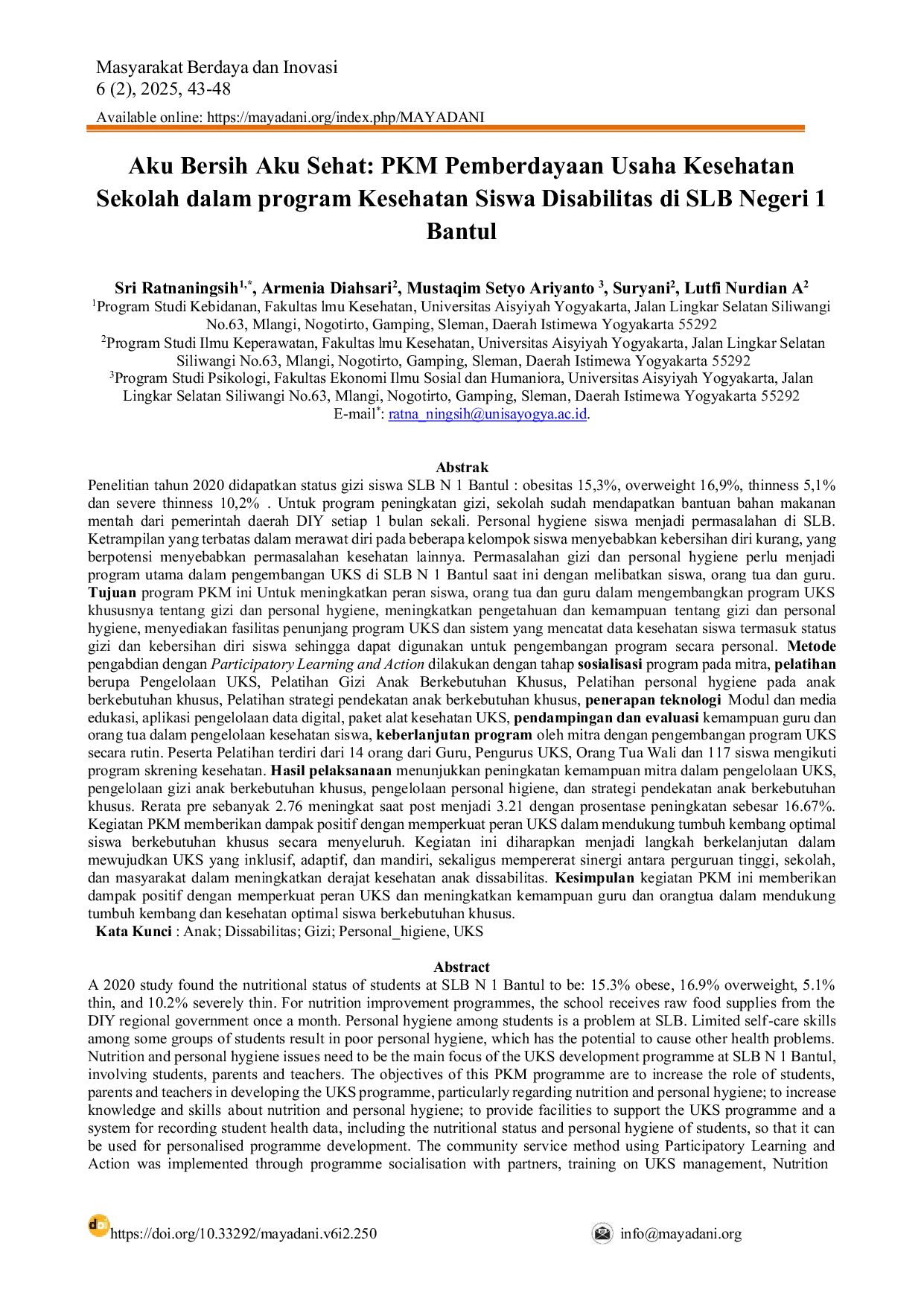 JURIS AKU BERSIH AKU SEHAT PKM Pemberdayaan Usaha Kesehatan Sekolah dalam program Kesehatan Siswa Disabilitas di SLB Negeri 1 Bantul