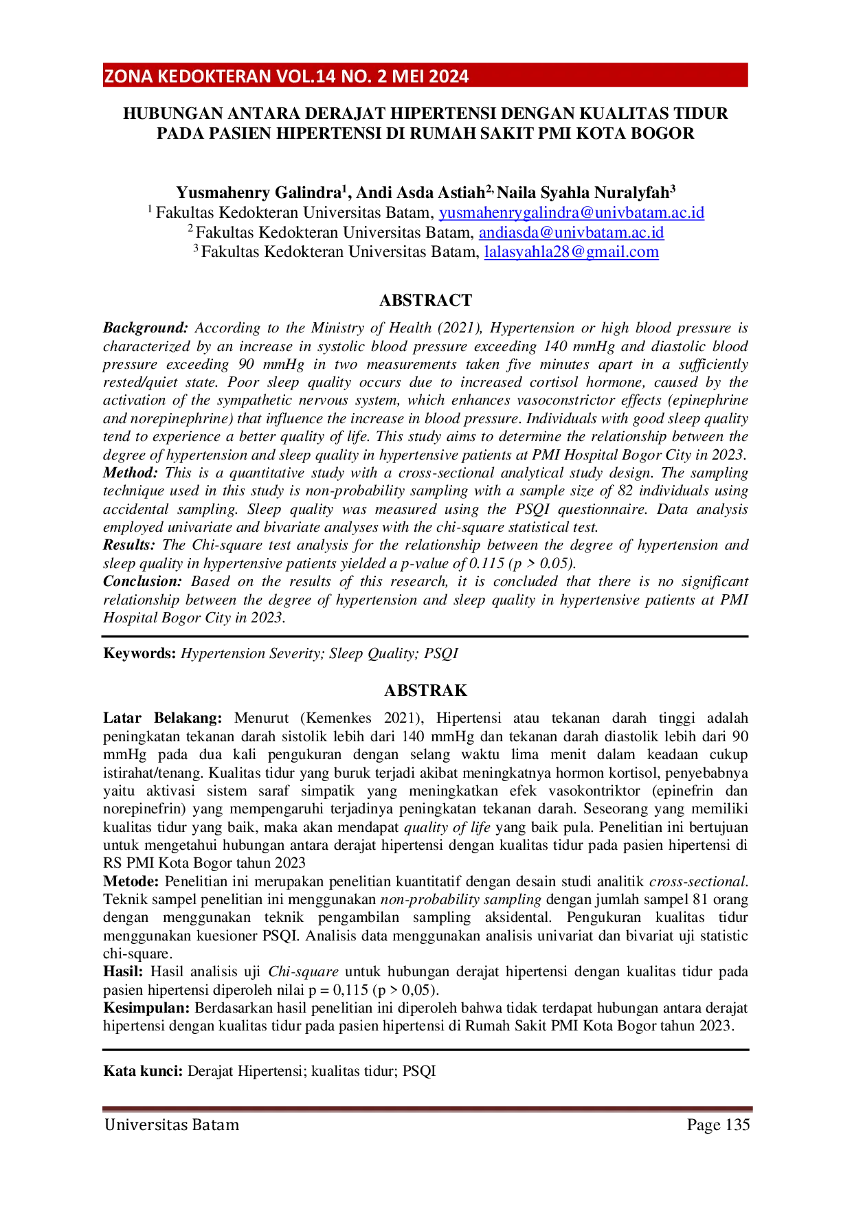 JURIS Hubungan Antara Derajat Hipertensi dengan Kualitas Tidur pada Pasien Hipertensi di Rumah Sakit PMI Kota Bogor