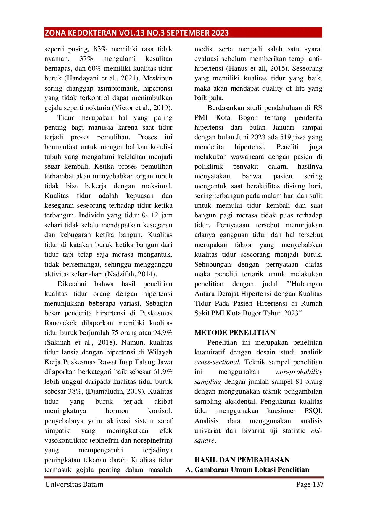 JURIS Hubungan Antara Derajat Hipertensi dengan Kualitas Tidur pada Pasien Hipertensi di Rumah Sakit PMI Kota Bogor