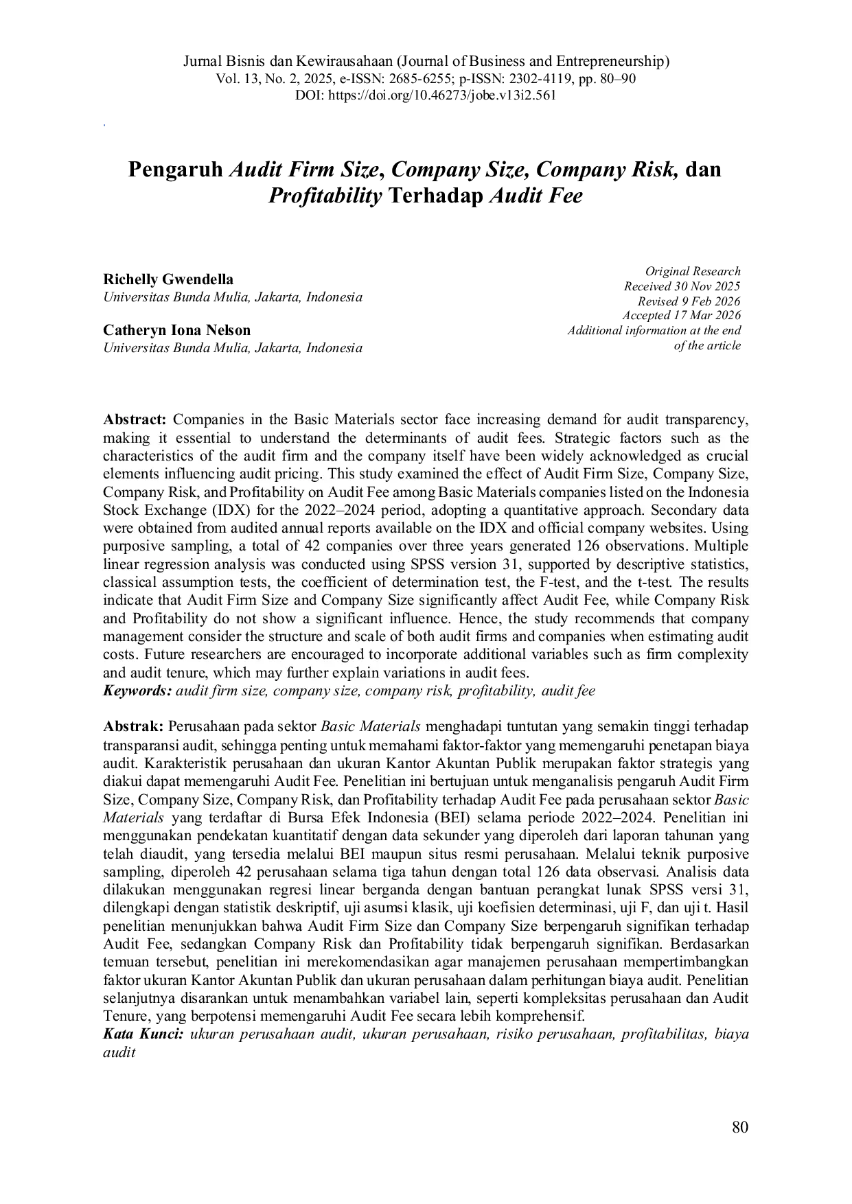 JURIS Pengaruh Audit Firm Size Company Size Company Risk dan Profitability Terhadap Audit Fee