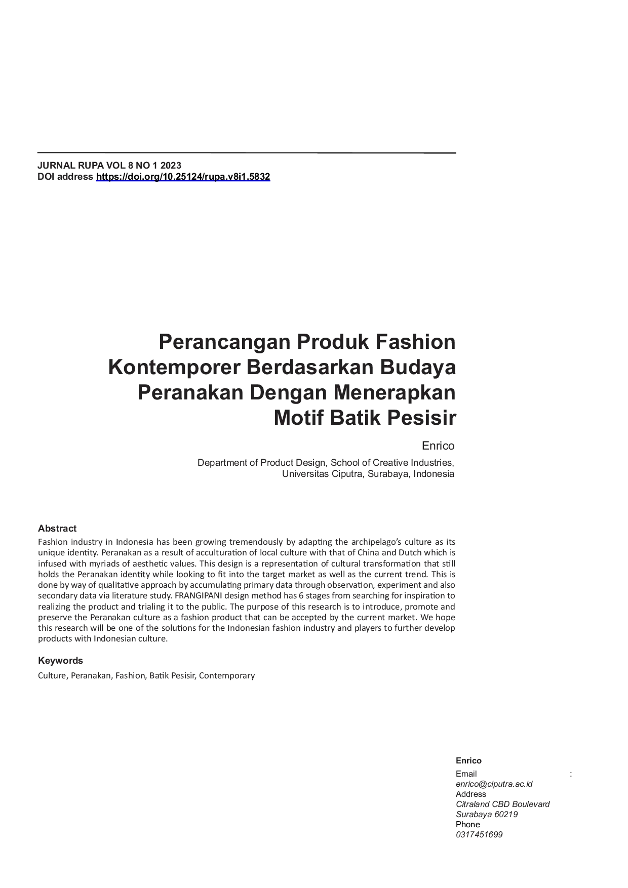 JURIS Perancangan Produk Fashion Kontemporer Berdasarkan Budaya Peranakan Dengan Menerapkan Motif Batik Pesisir