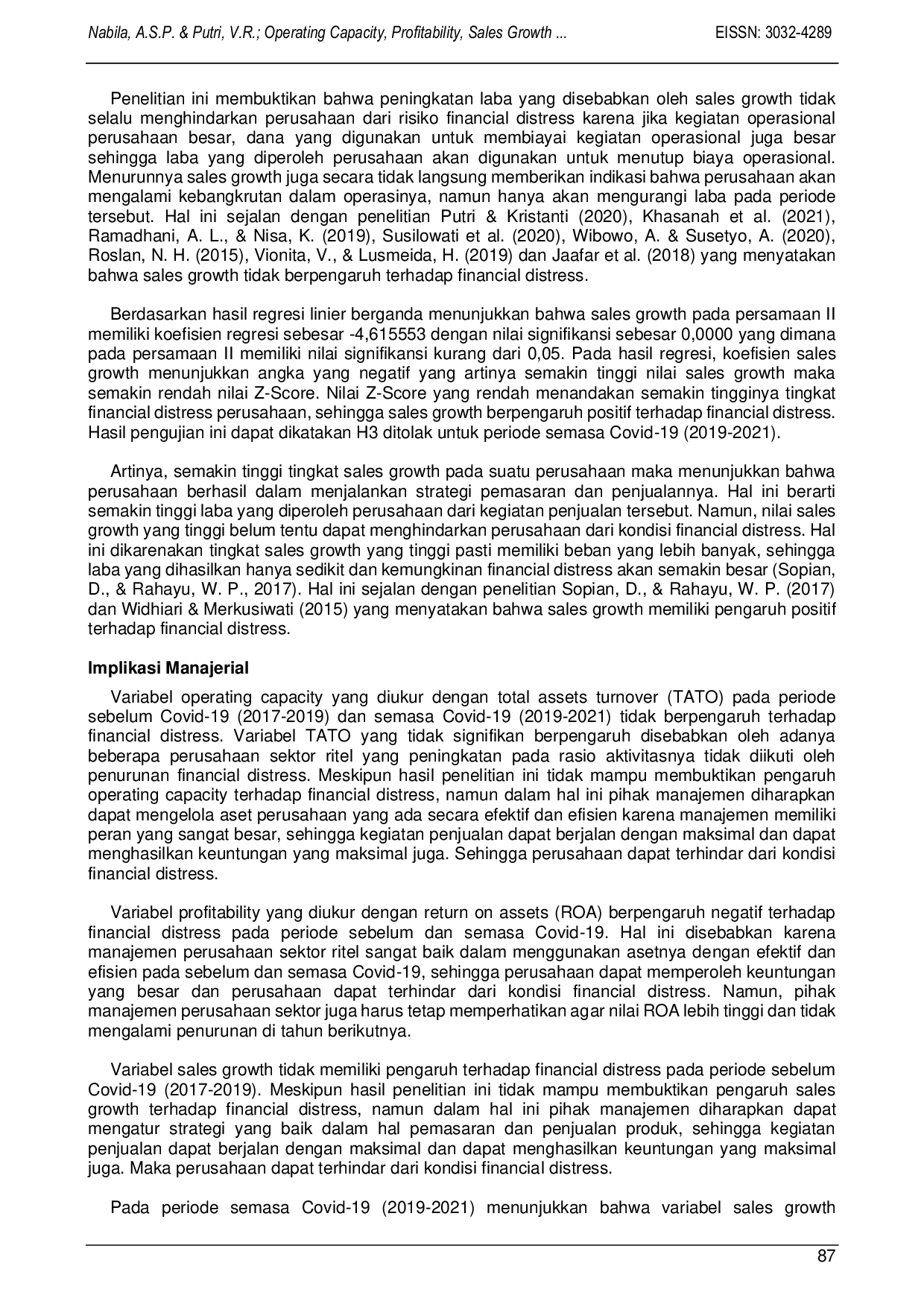 JURIS Pengaruh Operating Capacity Profitability Sales Growth Mempengaruhi Financial Distress Pada Perusahaan Sektor Ritel Yang Terdaftar Di Bursa Efek Indonesia Periode 2017 2021 Sebelum Dan Semasa P