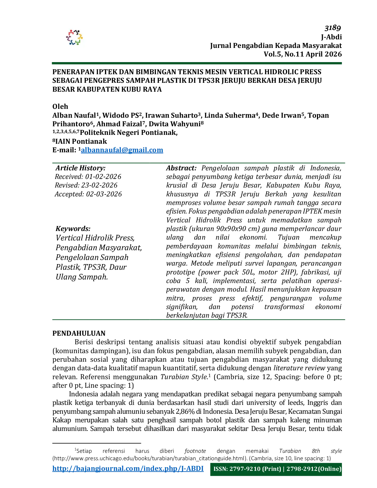 JURIS Penerapan Iptek dan Bimbingan Teknis Mesin Vertical Hidrolic Press sebagai Pengepres Sampah Plastik di TPS3R Jeruju Berkah Desa Jeruju Besar Kabupaten Kubu Raya