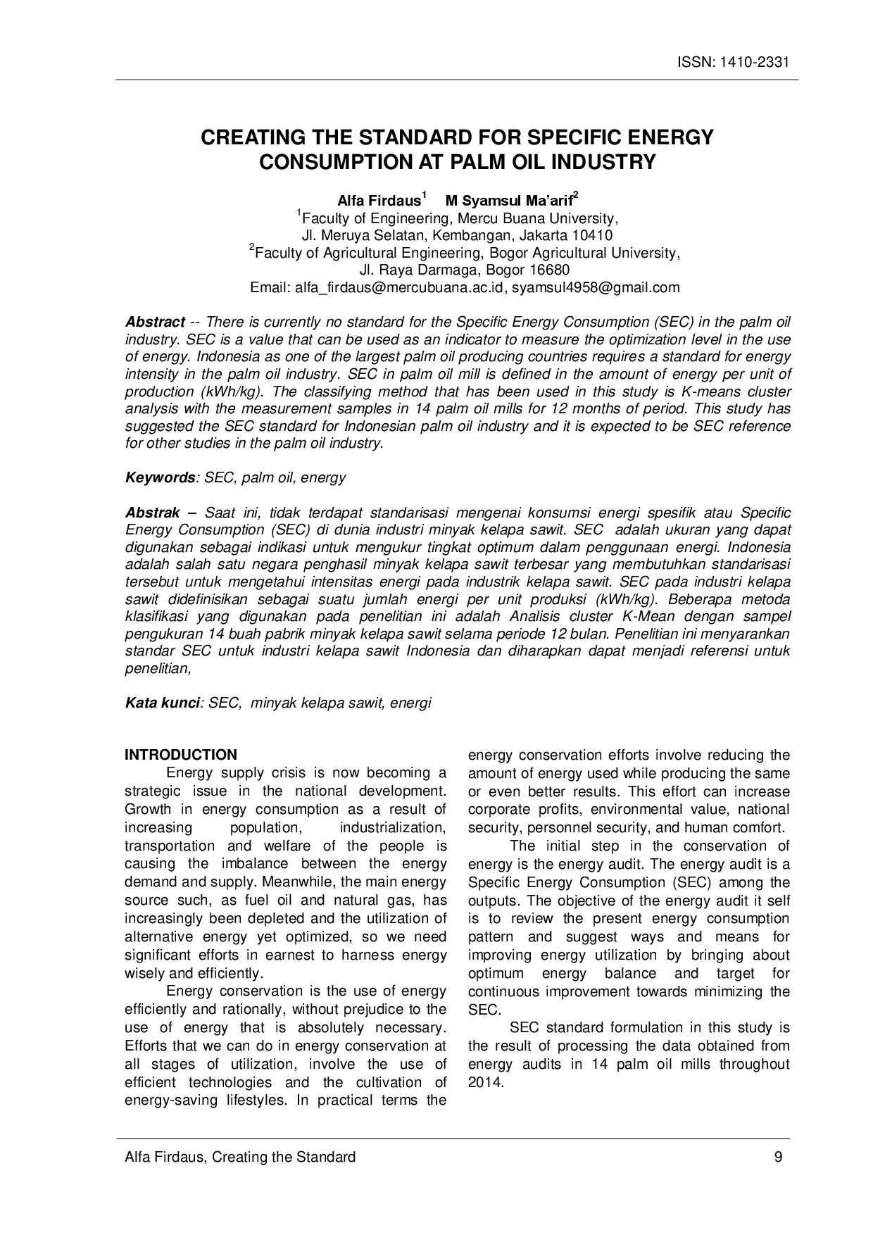 juris Creating The Standard For Specific Energy Consumption At Palm Oil Industry