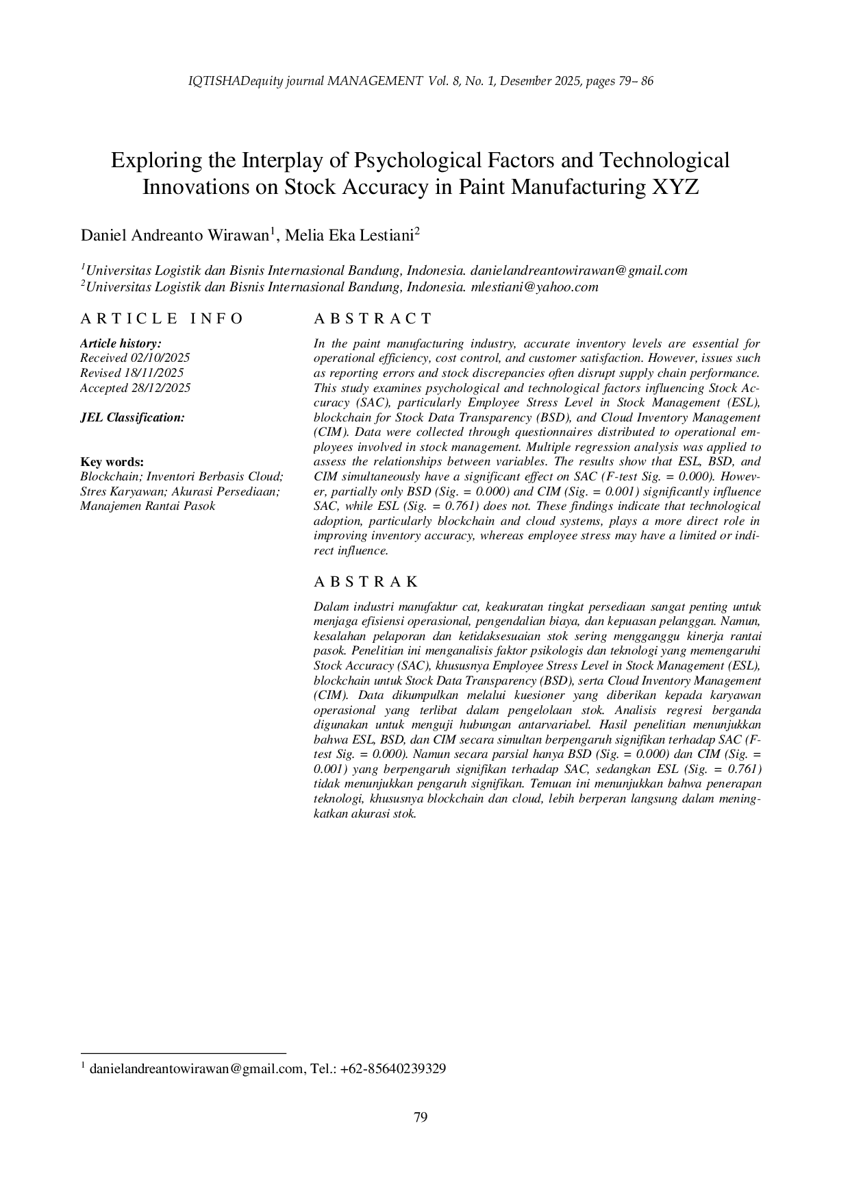 JURIS Exploring The Interplay Of Psychological Factors And Technological Innovations On Stock Accuracy In Paint Manufacturing XYZ