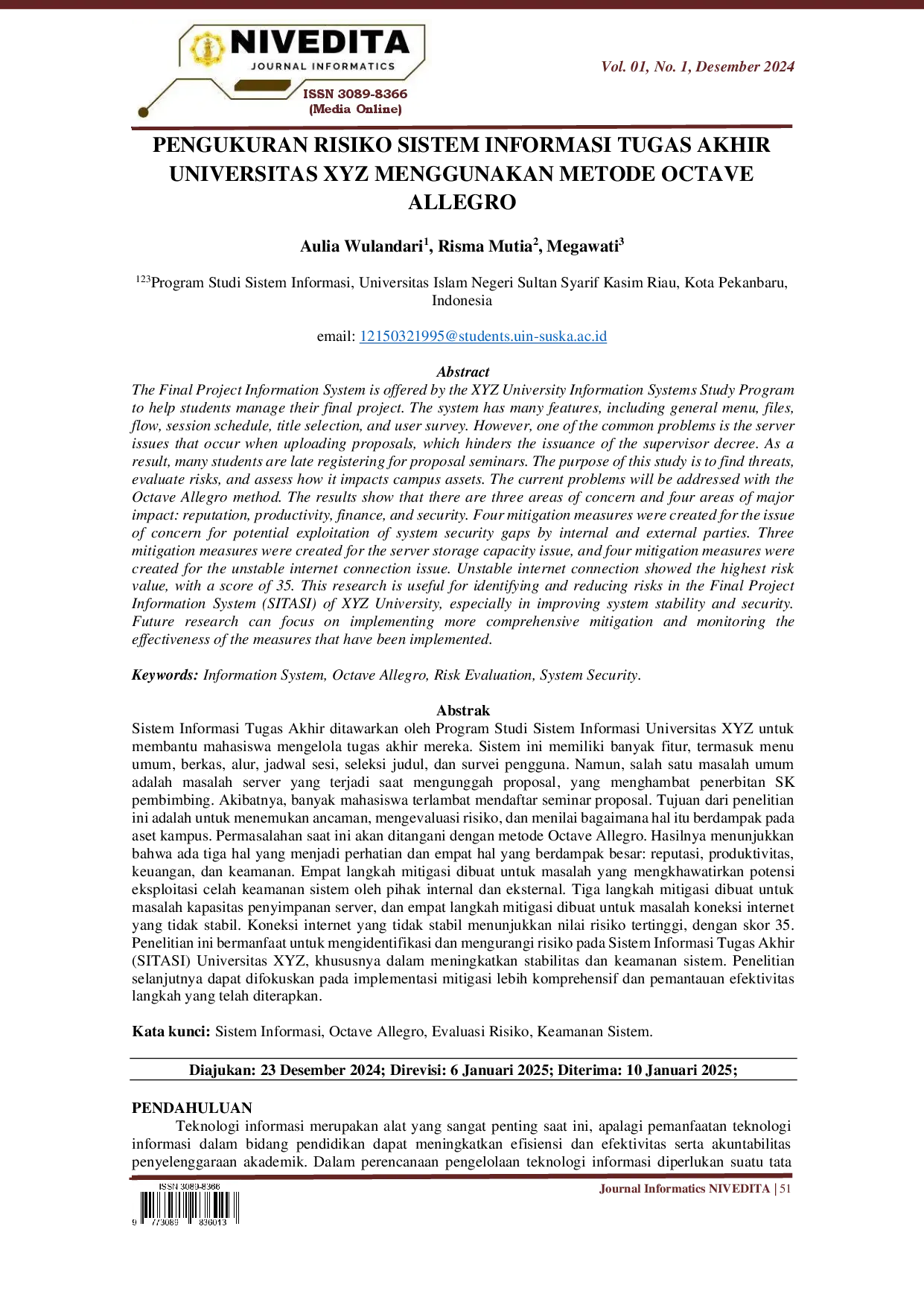 juris Pengukuran Risiko Sistem Informasi Tugas Akhir Universitas XYZ Menggunakan Metode Octave Allegro