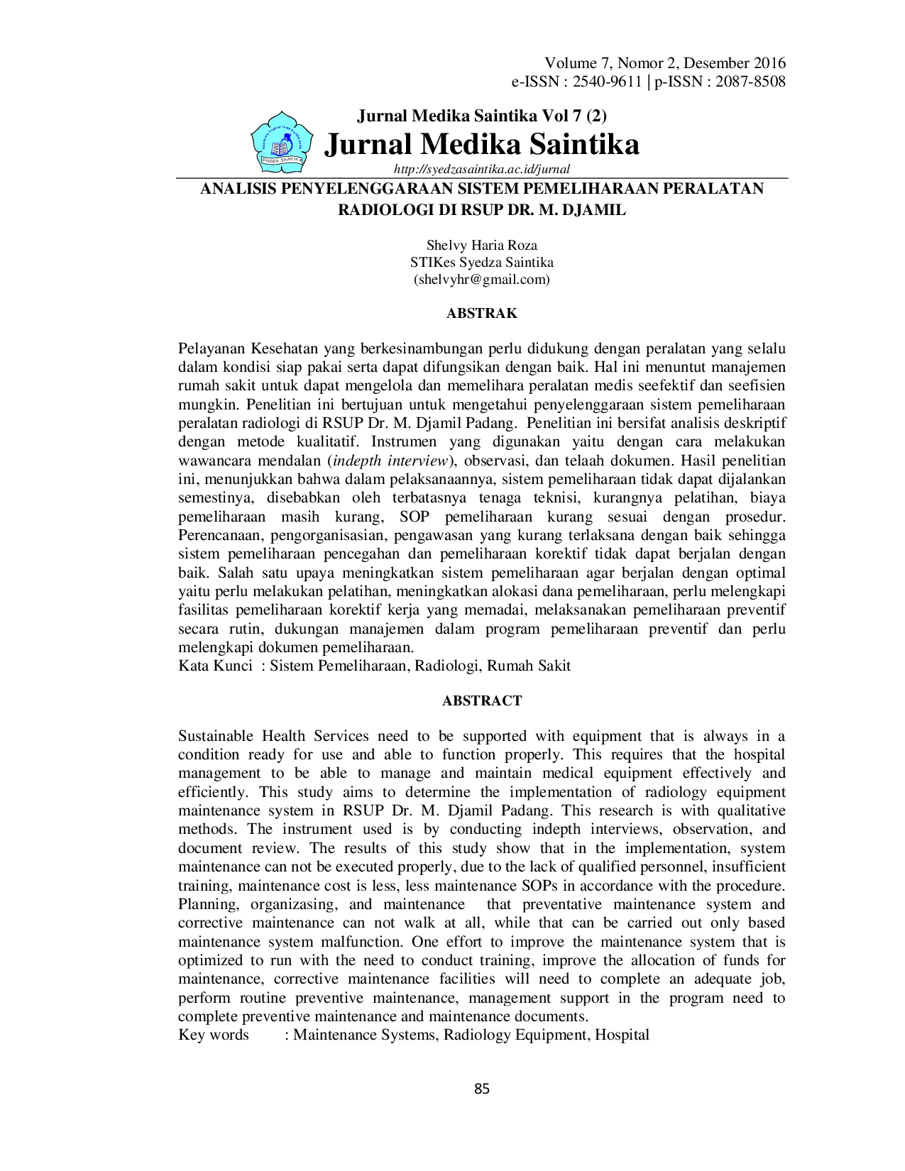 JURIS Analisis Penyelenggaraan Sistem Pemeliharaan Peralatan Radiologi Di Rsup Dr M Djamil