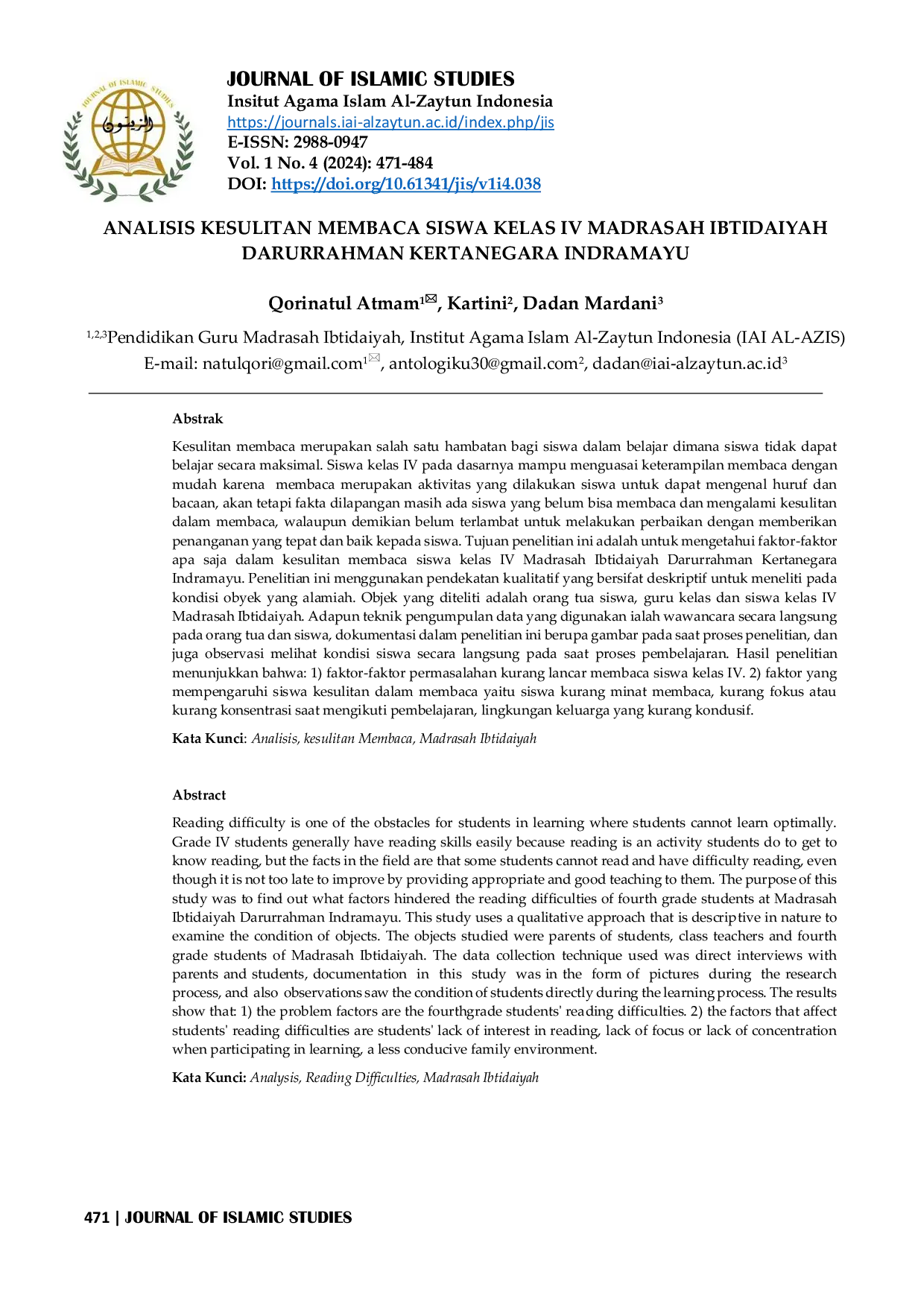 JURIS Analisis Kesulitan Membaca Siswa Kelas IV Madrasah Ibtidaiyah Darurrahman Kertanegara Indramayu