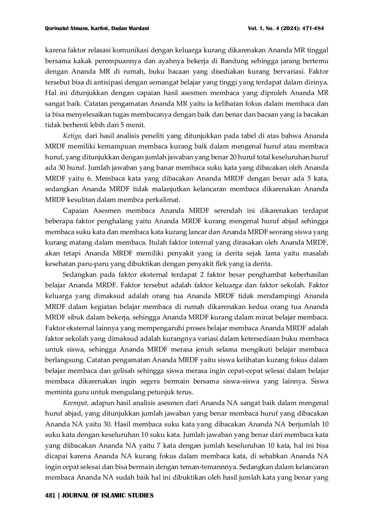 JURIS Analisis Kesulitan Membaca Siswa Kelas IV Madrasah Ibtidaiyah Darurrahman Kertanegara Indramayu