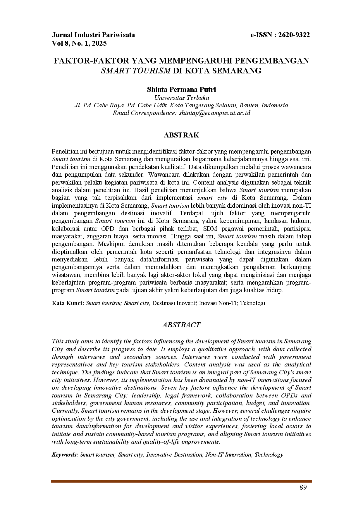 juris Faktor Faktor yang Mempengaruhi Pengembangan Smart Tourism di Kota Semarang