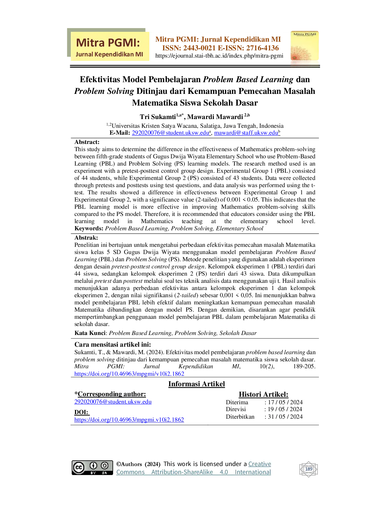 JURIS Efektivitas Model Pembelajaran Problem Based Learning dan Problem Solving Ditinjau dari Kemampuan Pemecahan Masalah Matematika Siswa Sekolah Dasar
