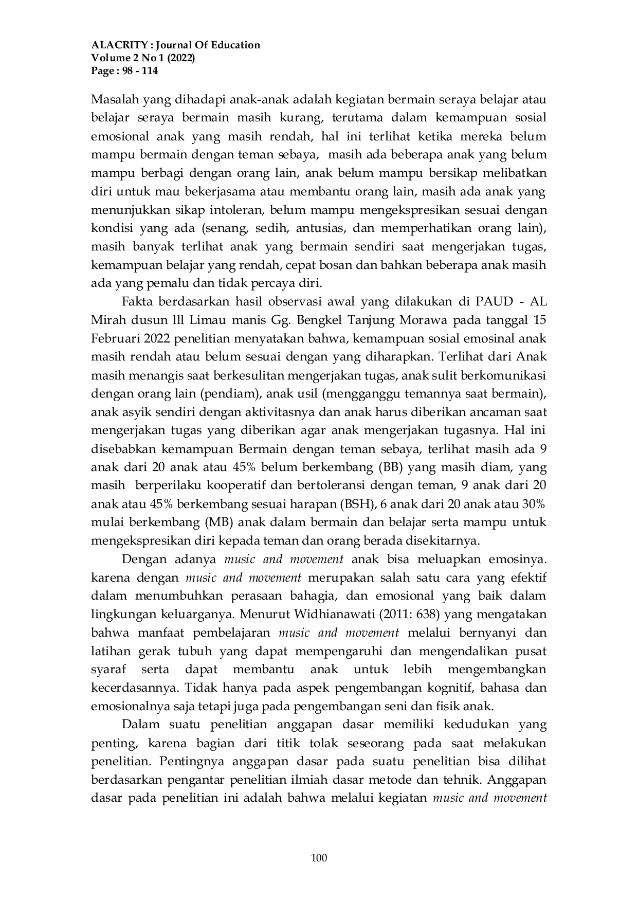 JURIS Upaya Meningkatkan Sosial Emosional Melalui Kegiatan Music And Movement Pada Anak Kelompok B Di PAUD Al Mirah Tanjung Morawa T A 2021 2022