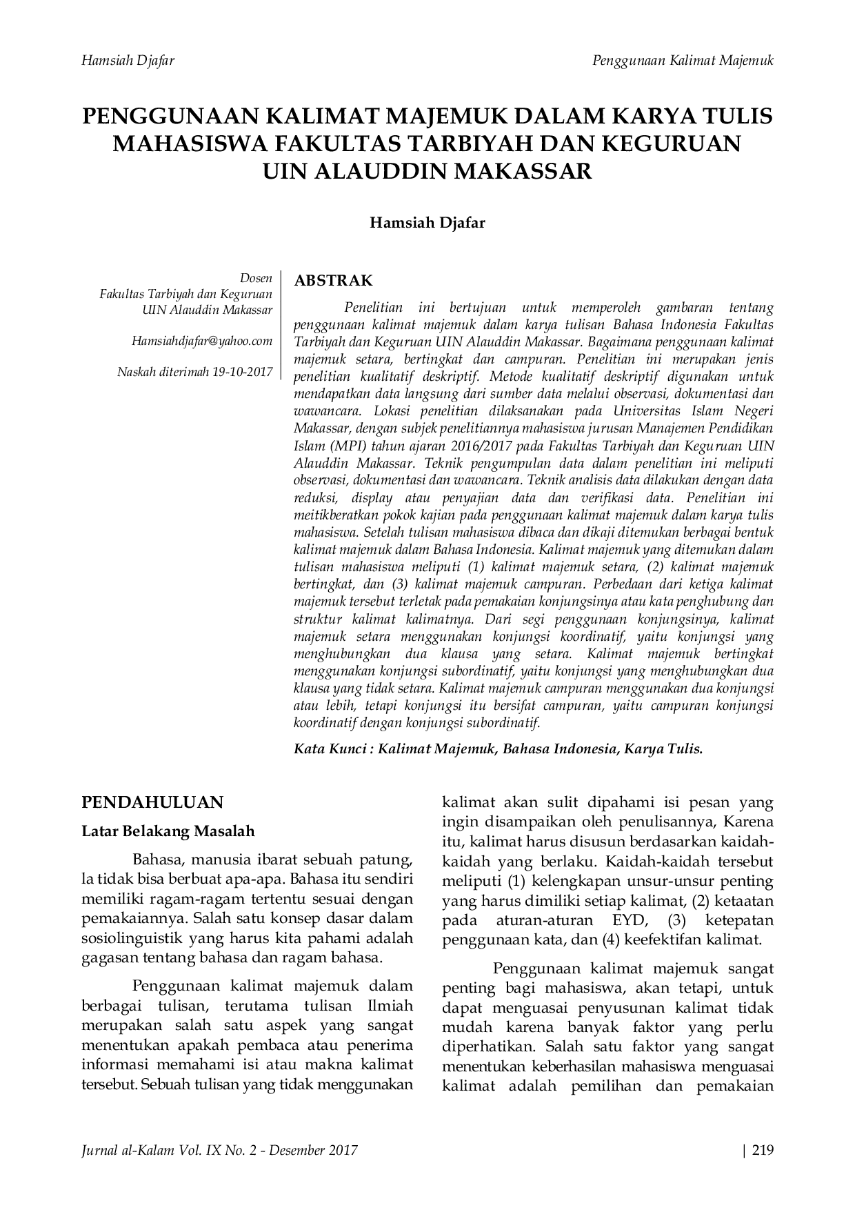 JURIS Penggunaan Kalimat Majemuk Dalam Karya Tulis Mahasiswa Fakultas Tarbiyah Dan Keguruan Uin Alauddin Makassar
