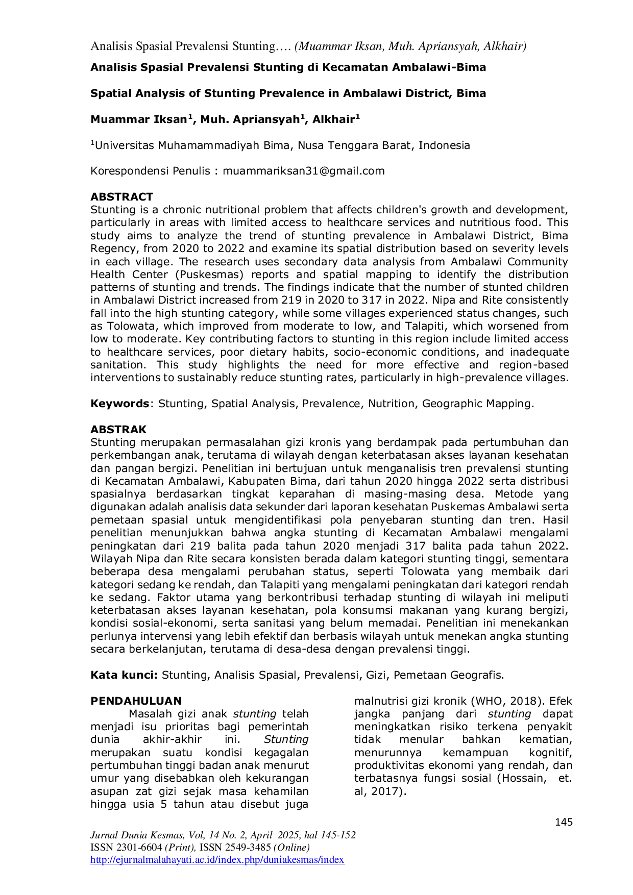JURIS Spatial Analysis of Stunting Prevalence in Ambalawi District Bima