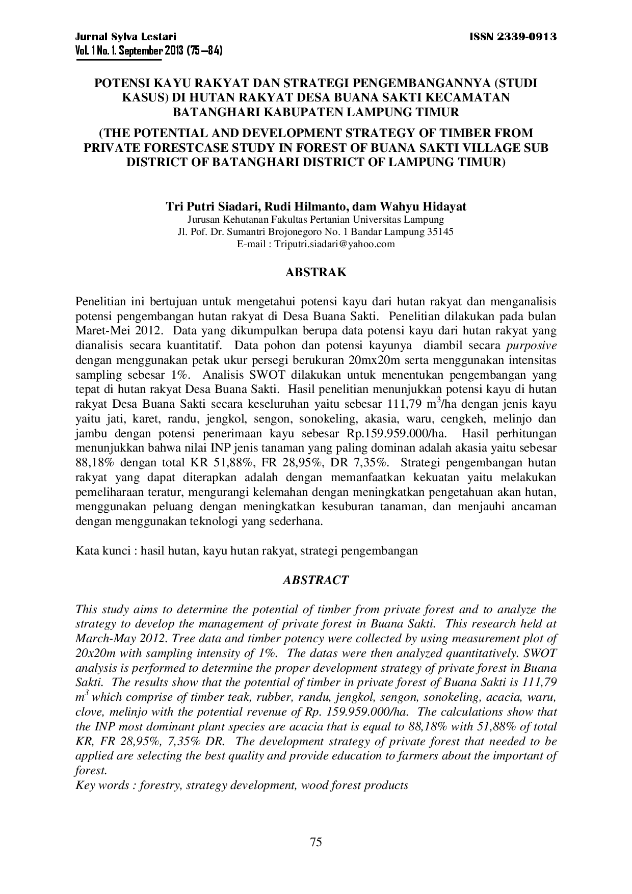 juris Potensi Kayu Rakyat Dan Strategi Pengembangannya Studi Kasus Di Hutan Rakyat Desa Buana Sakti Kecamatan Batanghari Kabupaten Lampung Timur