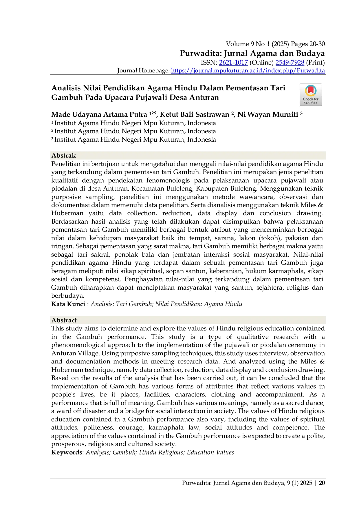 JURIS Analisis Nilai Pendidikan Agama Hindu Dalam Pementasan Tari Gambuh Pada Upacara Pujawali Desa Anturan