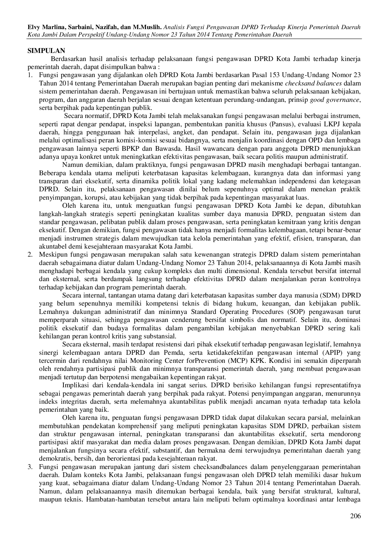 JURIS Analisis Fungsi Pengawasan DPRD Terhadap Kinerja Pemerintah Daerah Kota Jambi Dalam Perspektif Undang Undang Nomor 23 Tahun 2014 Tentang Pemerintahan Daerah