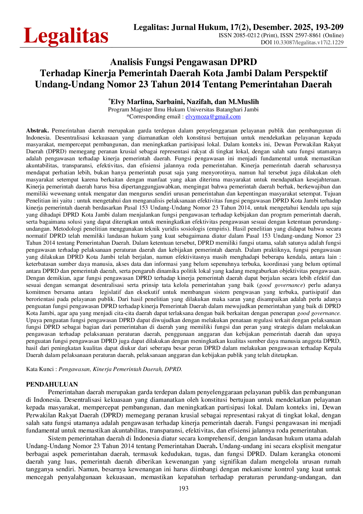 JURIS Analisis Fungsi Pengawasan DPRD Terhadap Kinerja Pemerintah Daerah Kota Jambi Dalam Perspektif Undang Undang Nomor 23 Tahun 2014 Tentang Pemerintahan Daerah