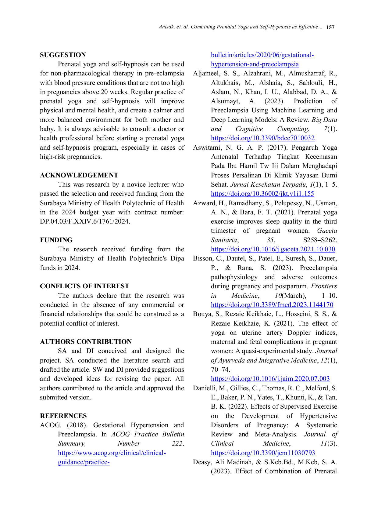 JURIS Combining Prenatal Yoga and Self Hypnosis as Effective Intervention to Reduce Blood Pressure of Pre Eclampsia Pregnant Women