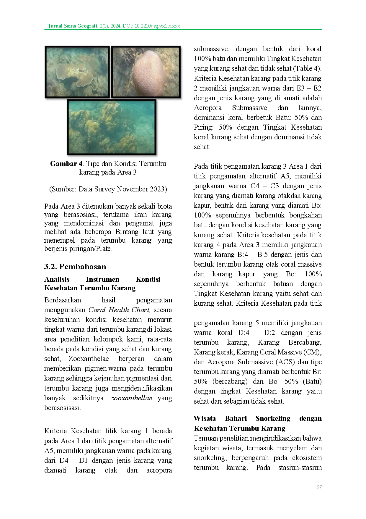 juris Assessment of Coral Reef Health Conditions at Marine Tourism Snorkeling Locations on Southern Pari Island