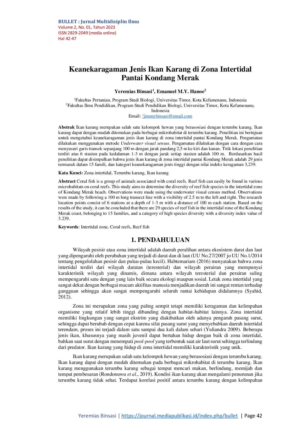 JURIS Keanekaragaman Jenis Ikan Karang di Zona Intertidal Pantai Kondang Merak