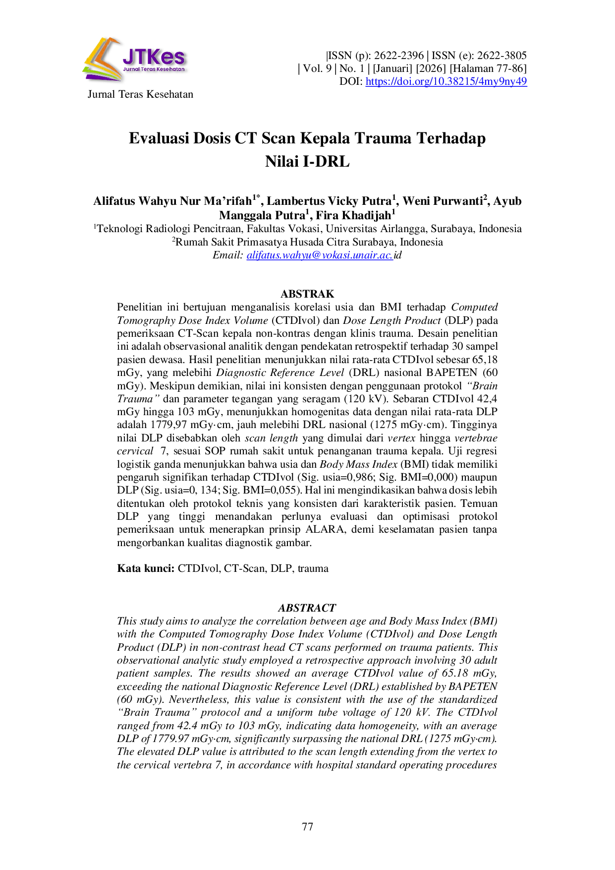 JURIS Evaluasi Dosis CT Scan Kepala Trauma Terhadap Nilai I DRL