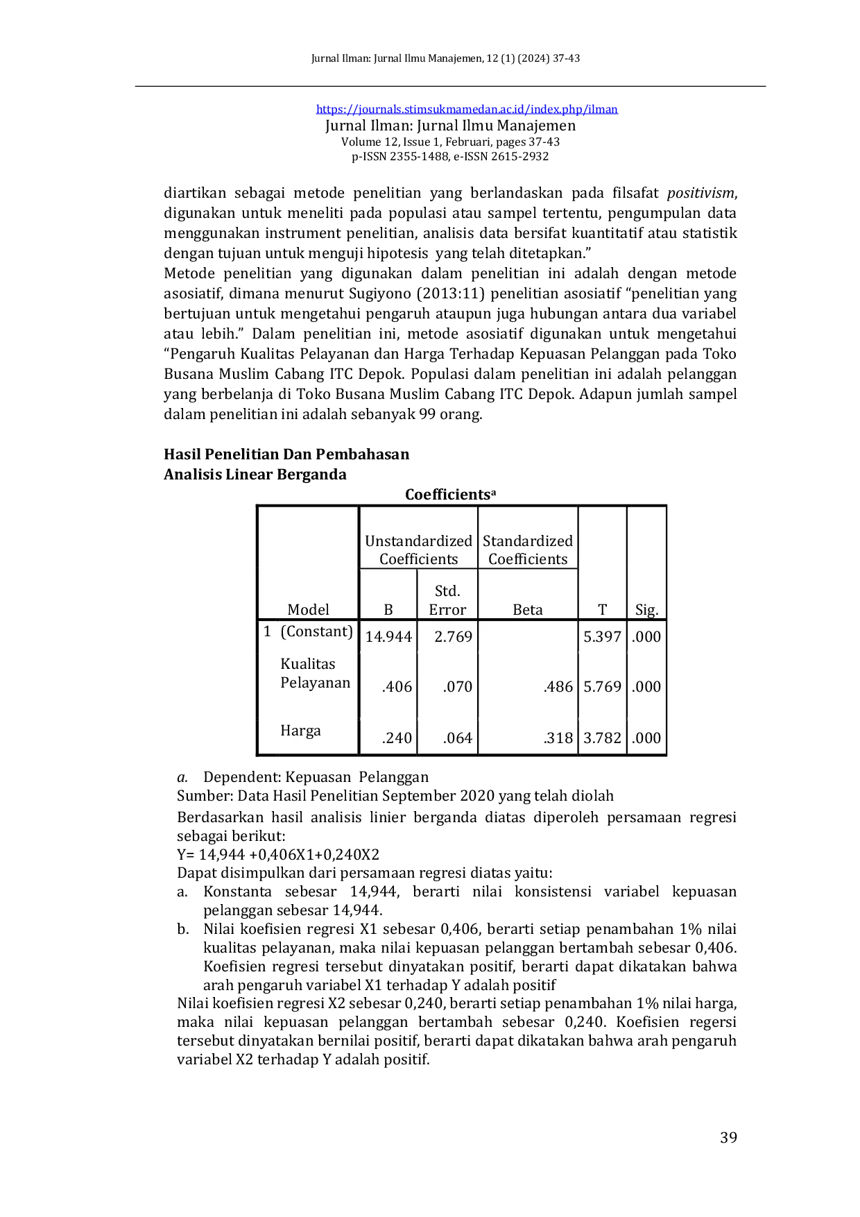 JURIS Pengaruh Kualitas Pelayanan Dan Harga Terhadap Kepuasan Pelanggan Pada Toko Busana Muslim Preview Cabang ITC Depok